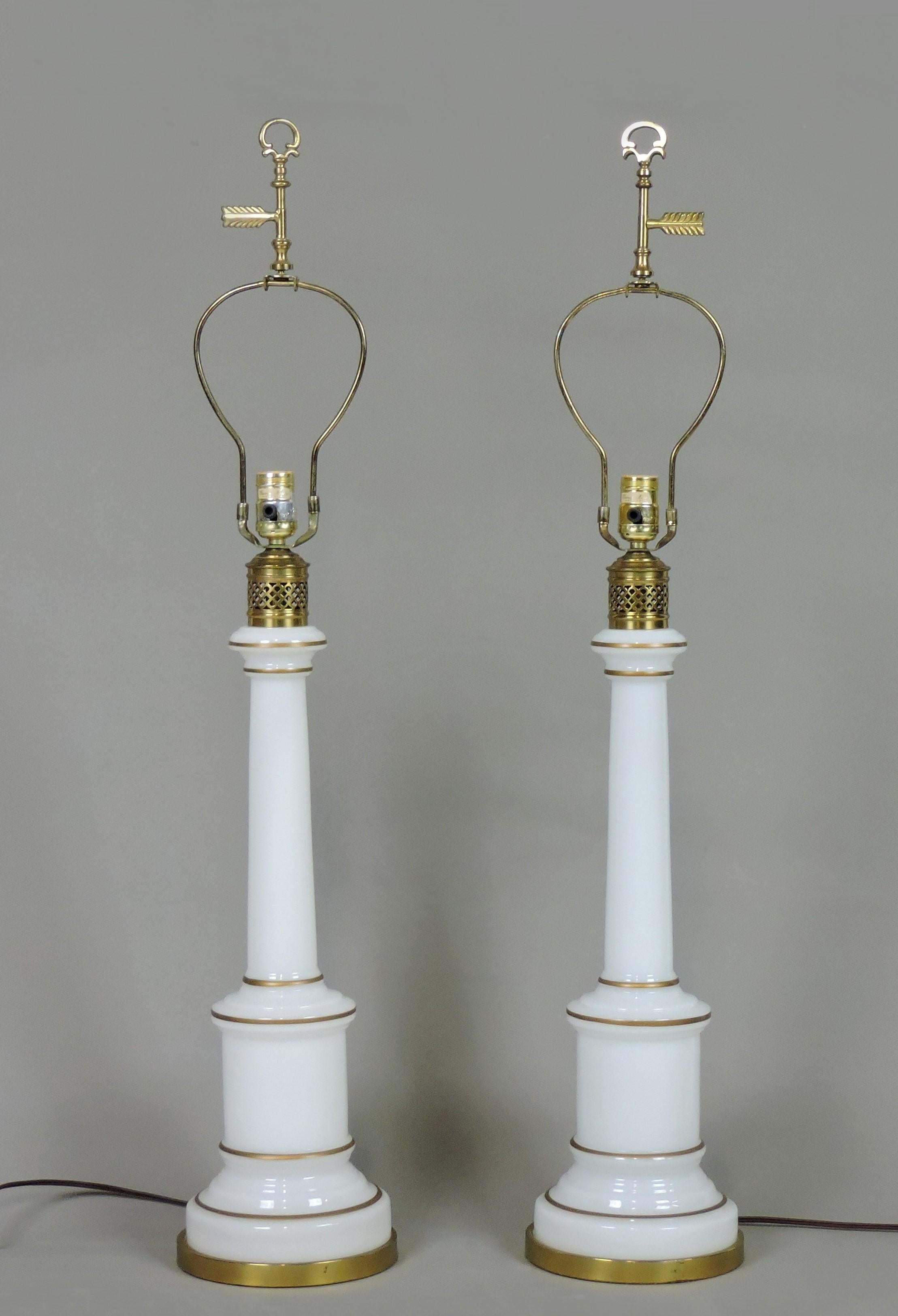 Hollywood Regency Pair of Warren Kessler White Opaline Glass and Brass Mid-Century Table Lamps
