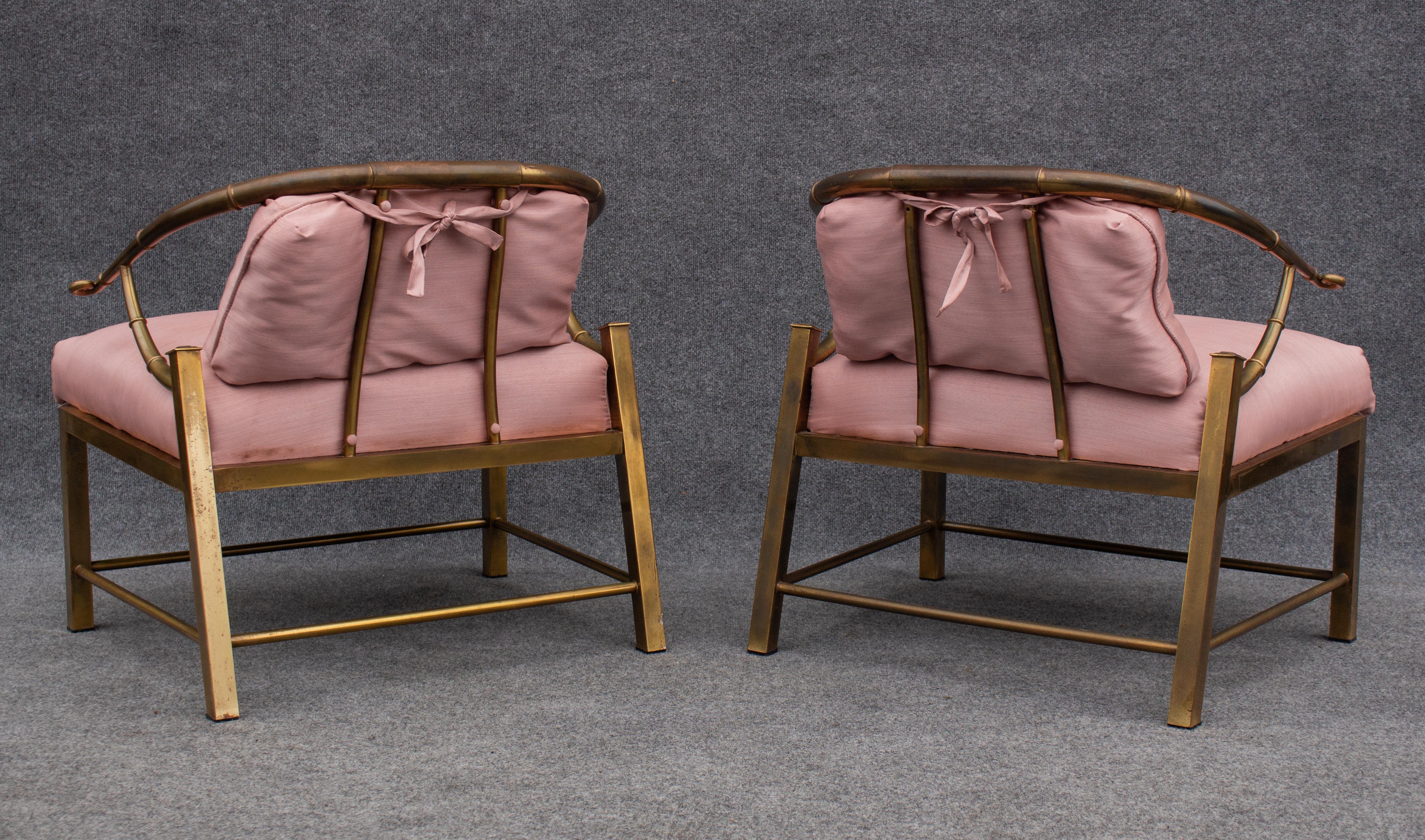 Pair of Warren Lloyd for Mastercraft Brass & Pink Fabric 'Empress' Lounge Chairs For Sale 4