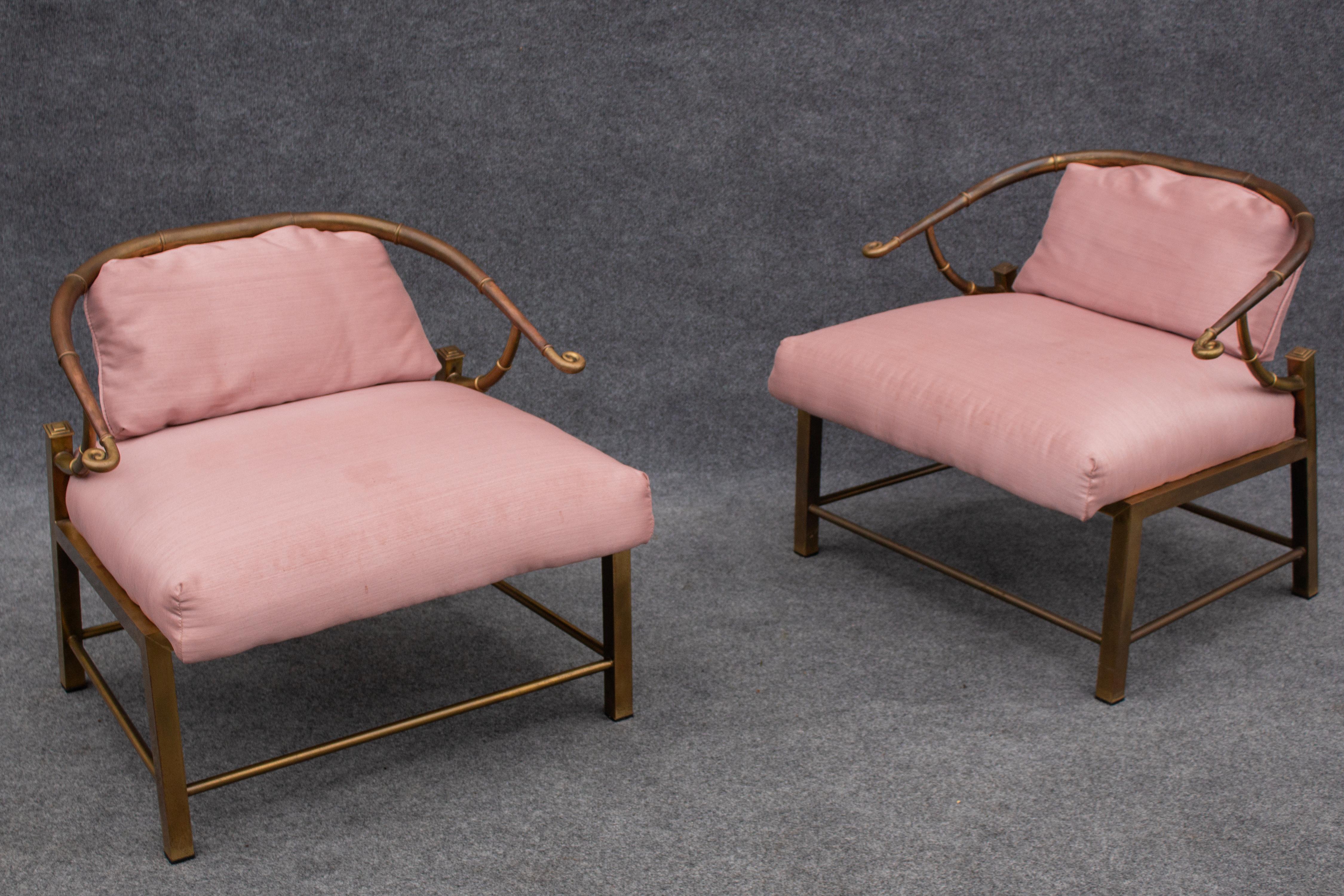 Pair of Warren Lloyd for Mastercraft Brass & Pink Fabric 'Empress' Lounge Chairs For Sale 5