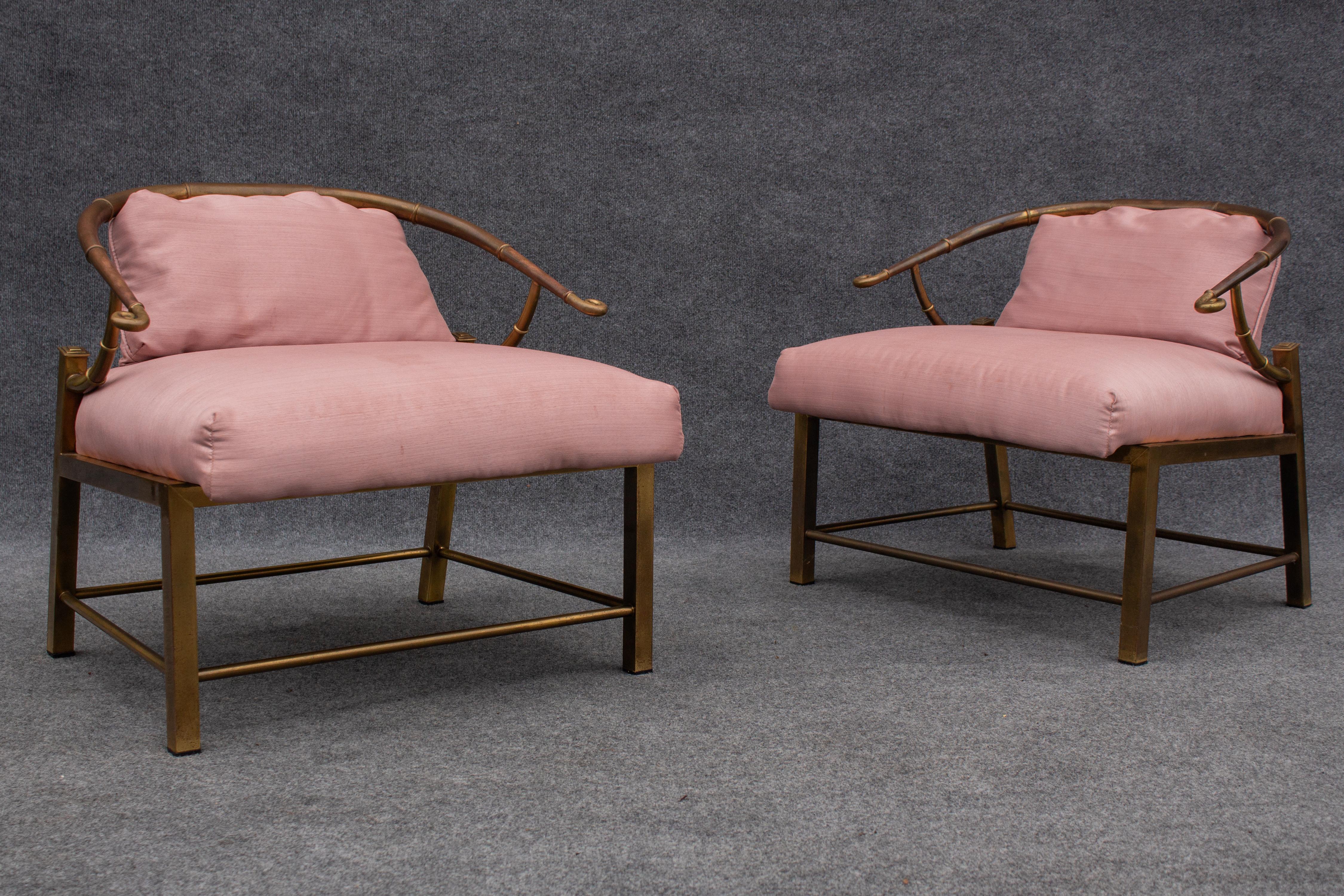 Pair of Warren Lloyd for Mastercraft Brass & Pink Fabric 'Empress' Lounge Chairs For Sale 6