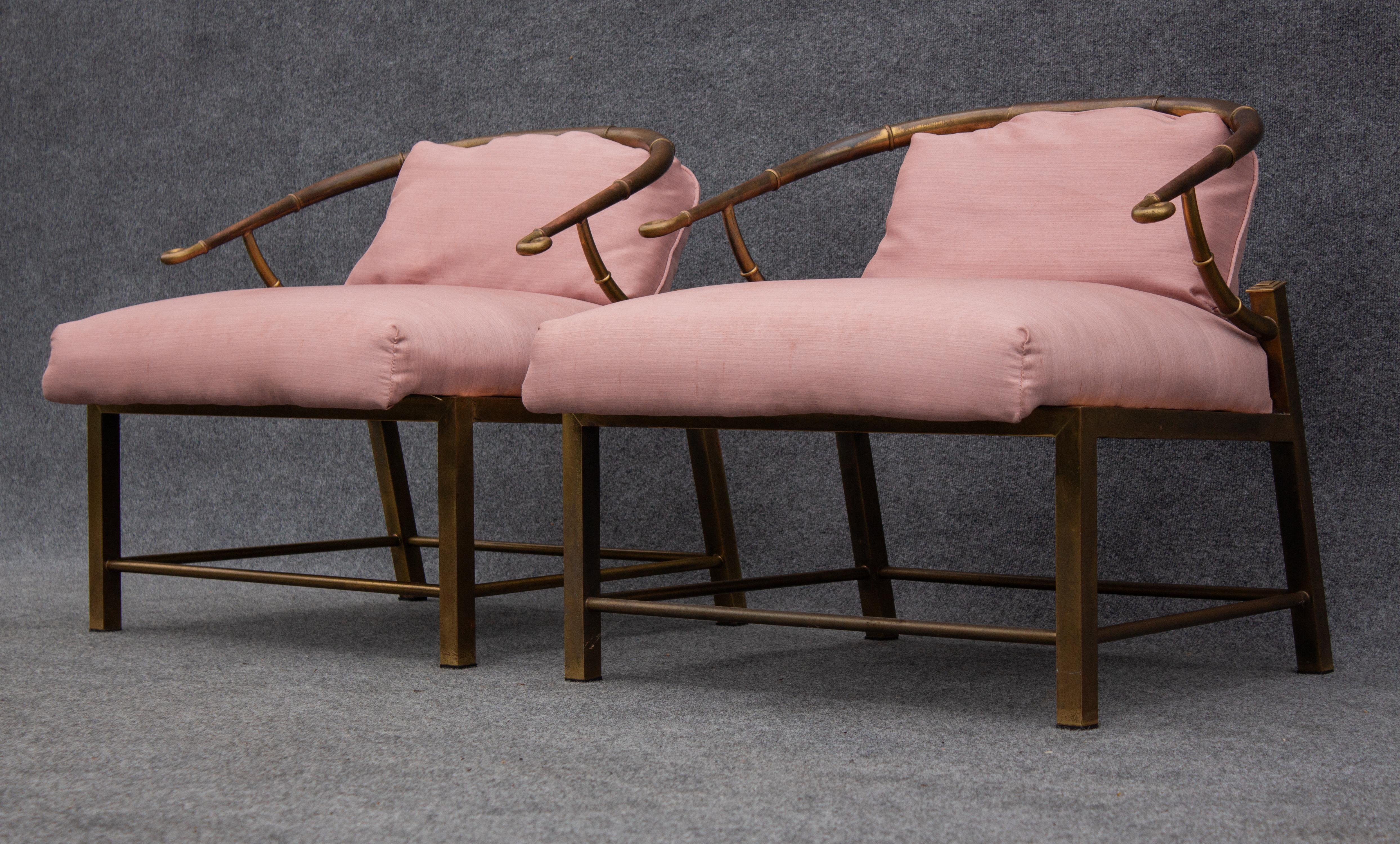 Chinoiserie Pair of Warren Lloyd for Mastercraft Brass & Pink Fabric 'Empress' Lounge Chairs For Sale