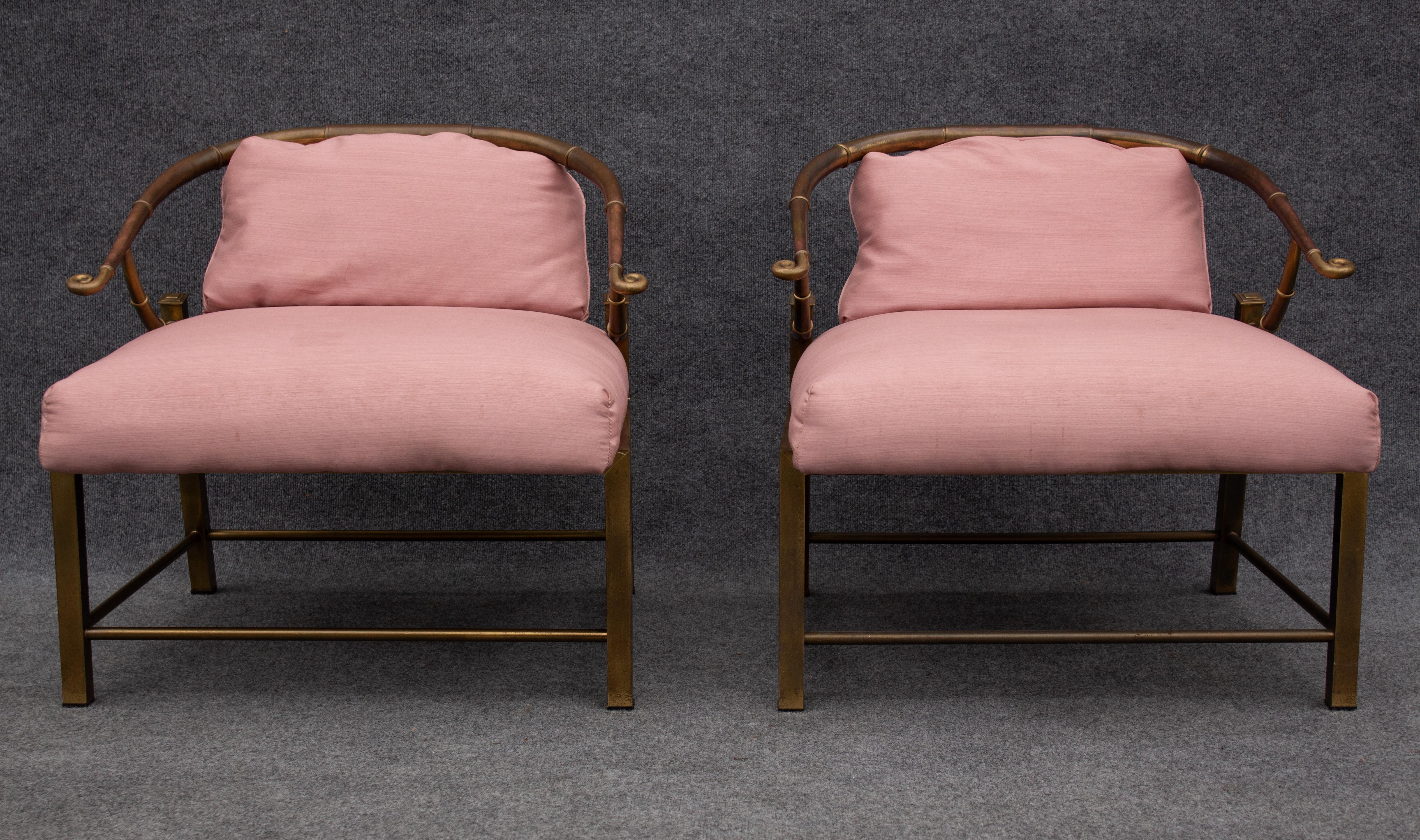 Pair of Warren Lloyd for Mastercraft Brass & Pink Fabric 'Empress' Lounge Chairs In Good Condition For Sale In Philadelphia, PA