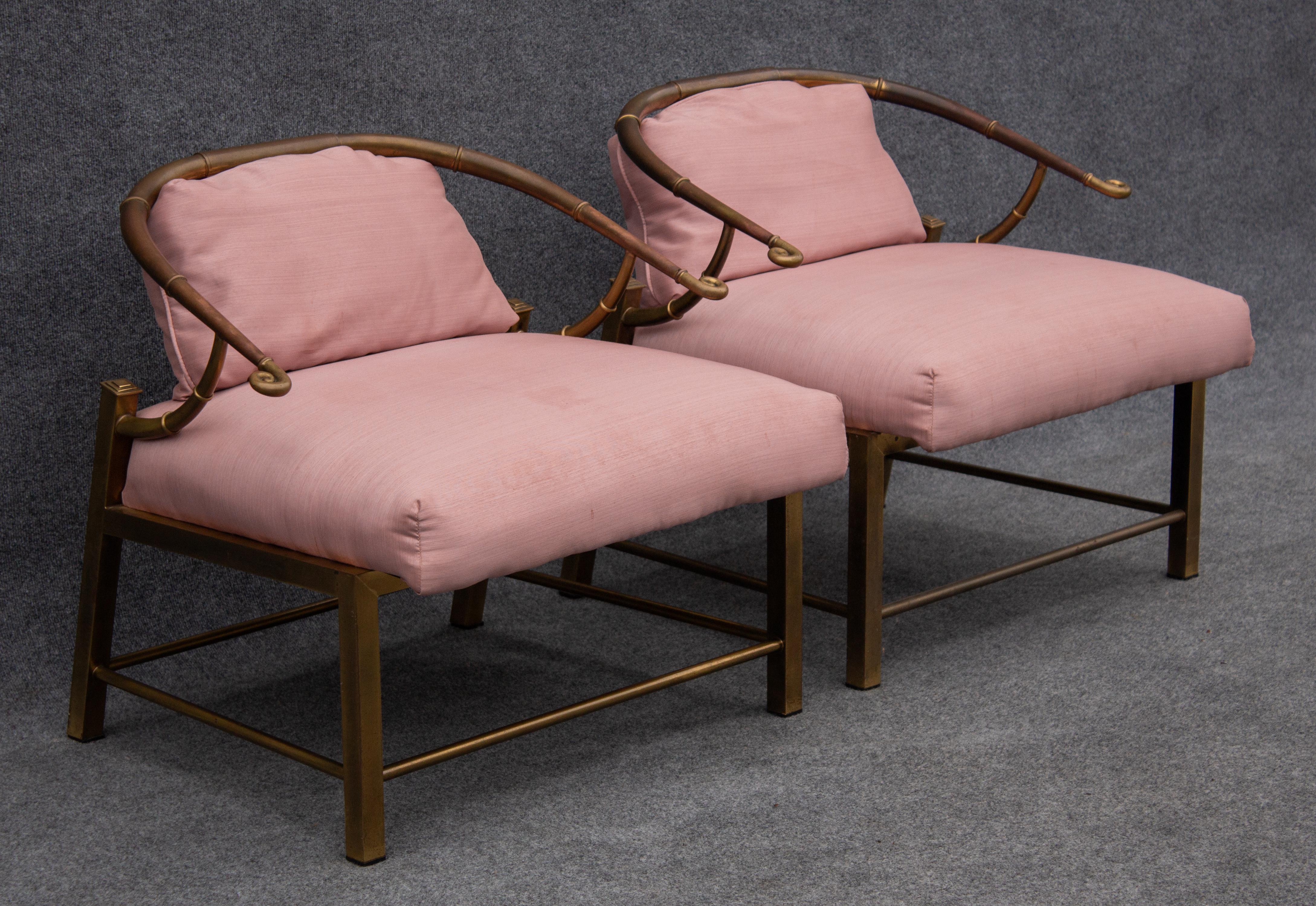Late 20th Century Pair of Warren Lloyd for Mastercraft Brass & Pink Fabric 'Empress' Lounge Chairs For Sale