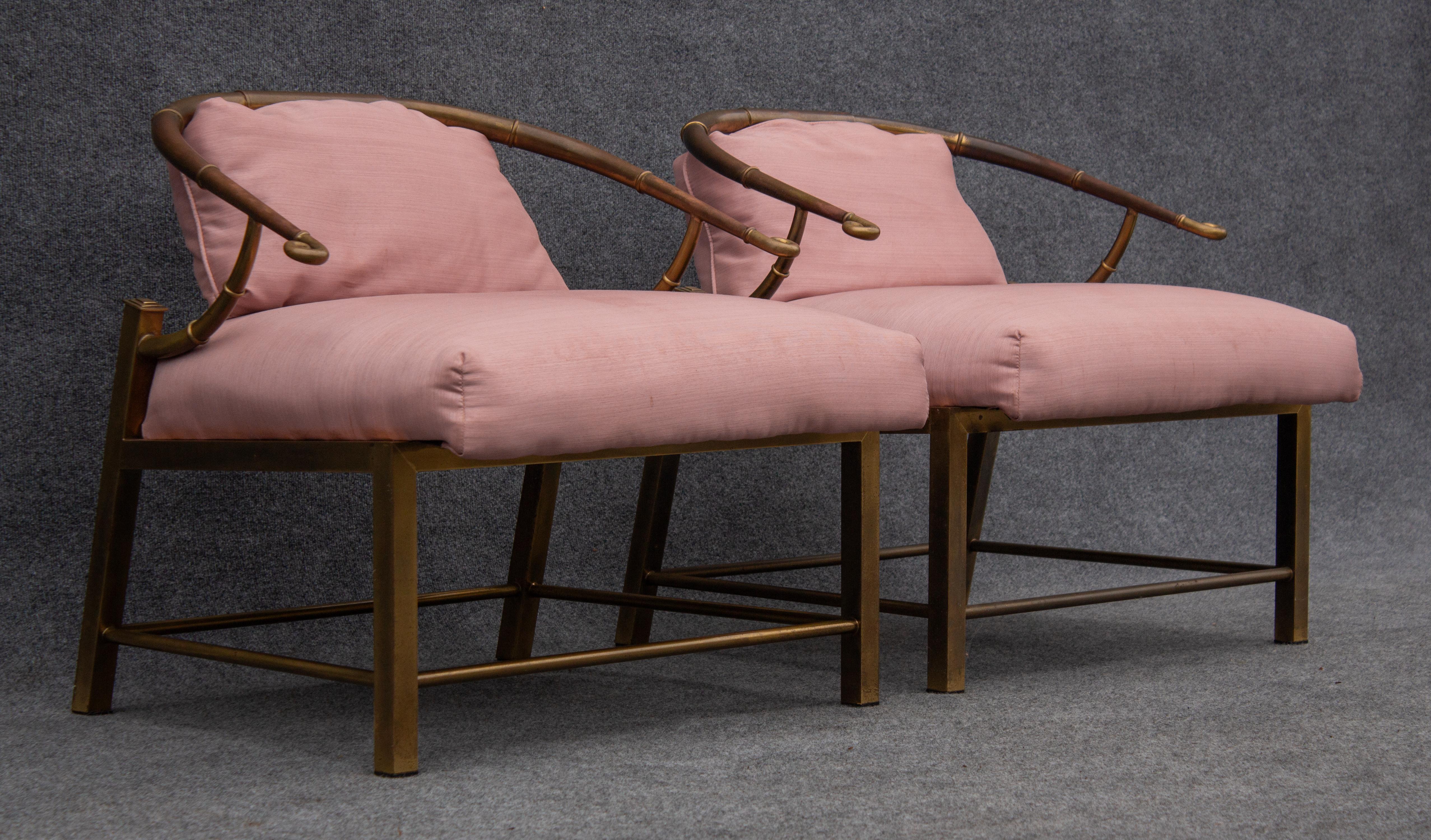Pair of Warren Lloyd for Mastercraft Brass & Pink Fabric 'Empress' Lounge Chairs For Sale 1