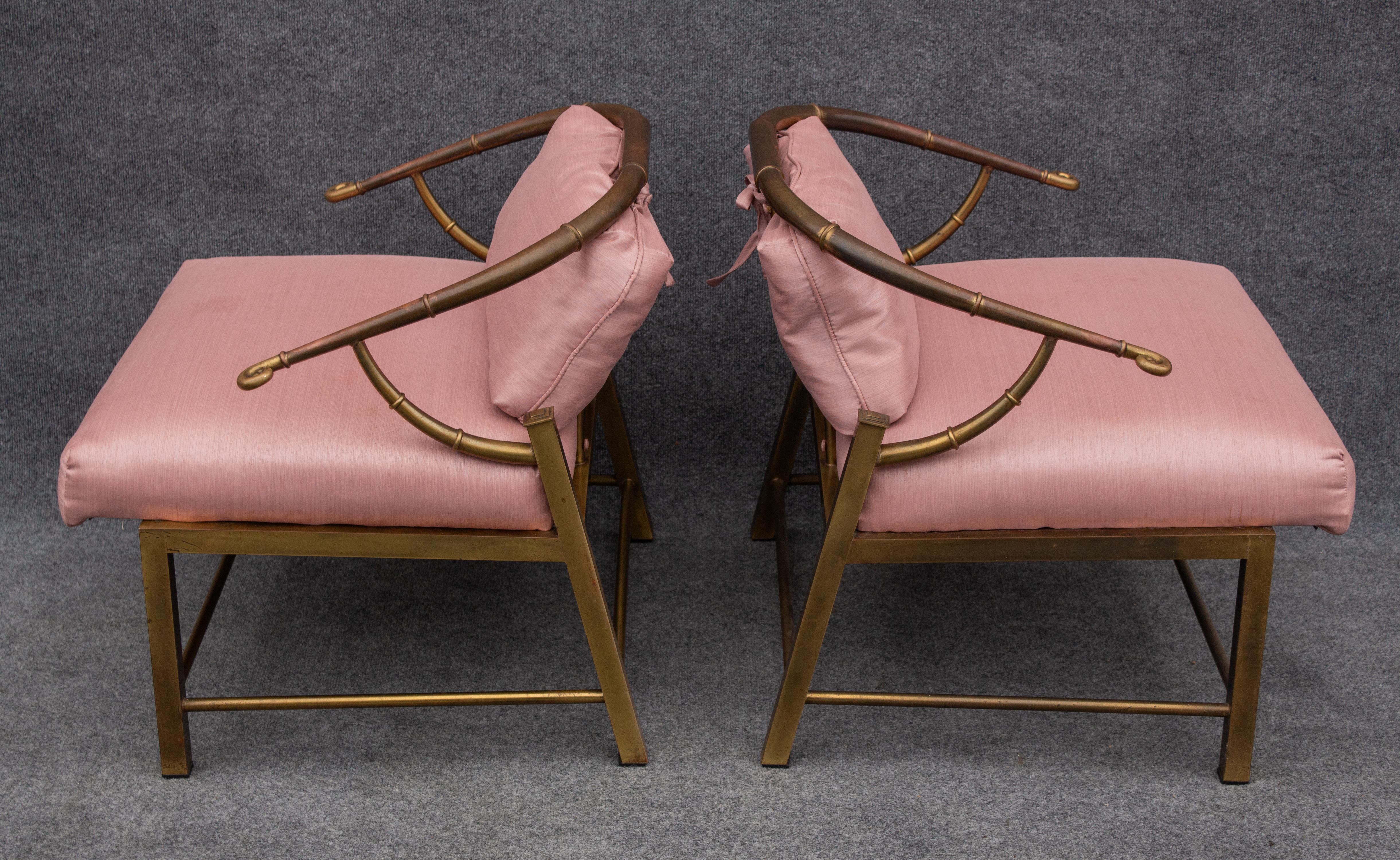 Pair of Warren Lloyd for Mastercraft Brass & Pink Fabric 'Empress' Lounge Chairs For Sale 2