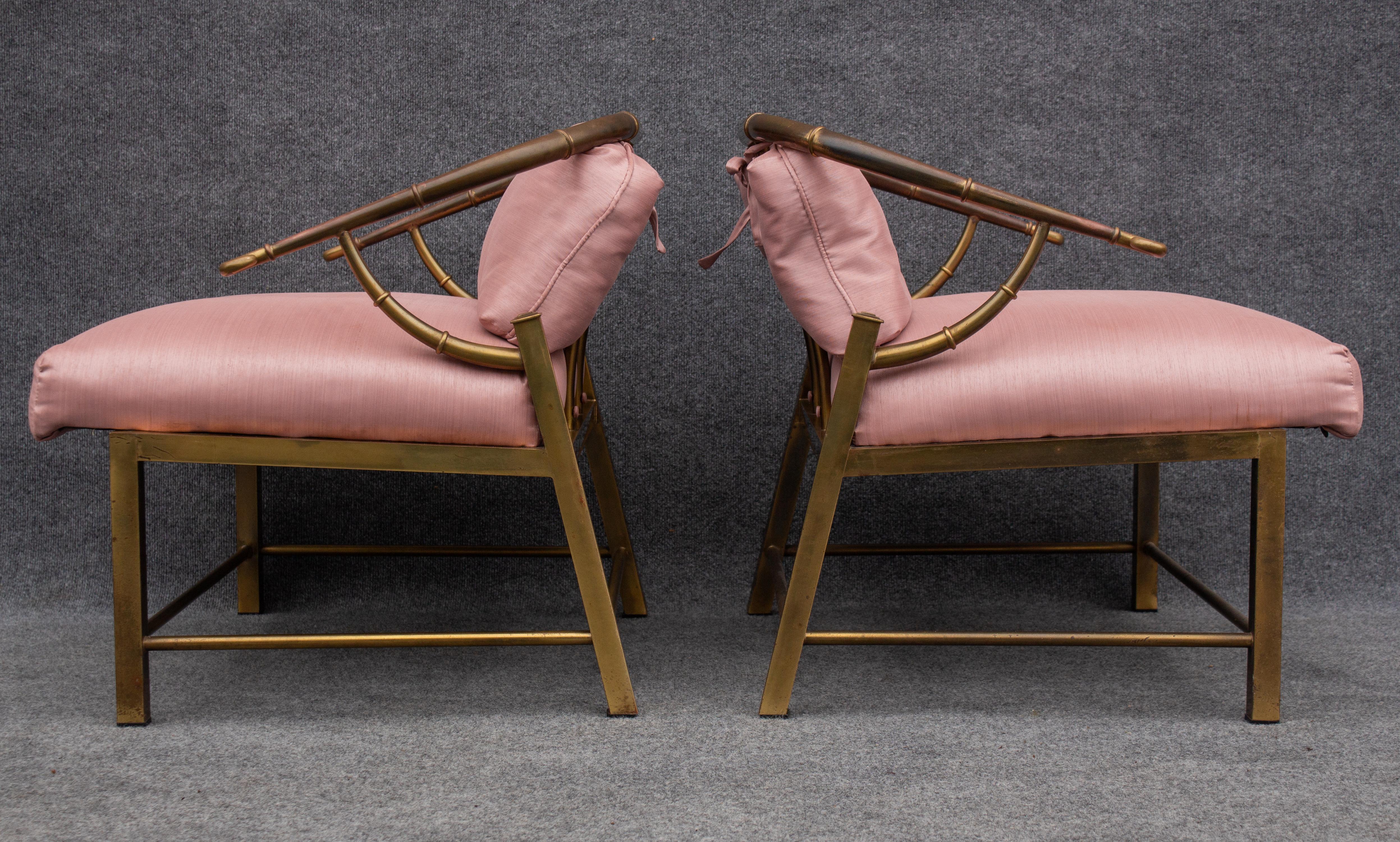Pair of Warren Lloyd for Mastercraft Brass & Pink Fabric 'Empress' Lounge Chairs For Sale 3