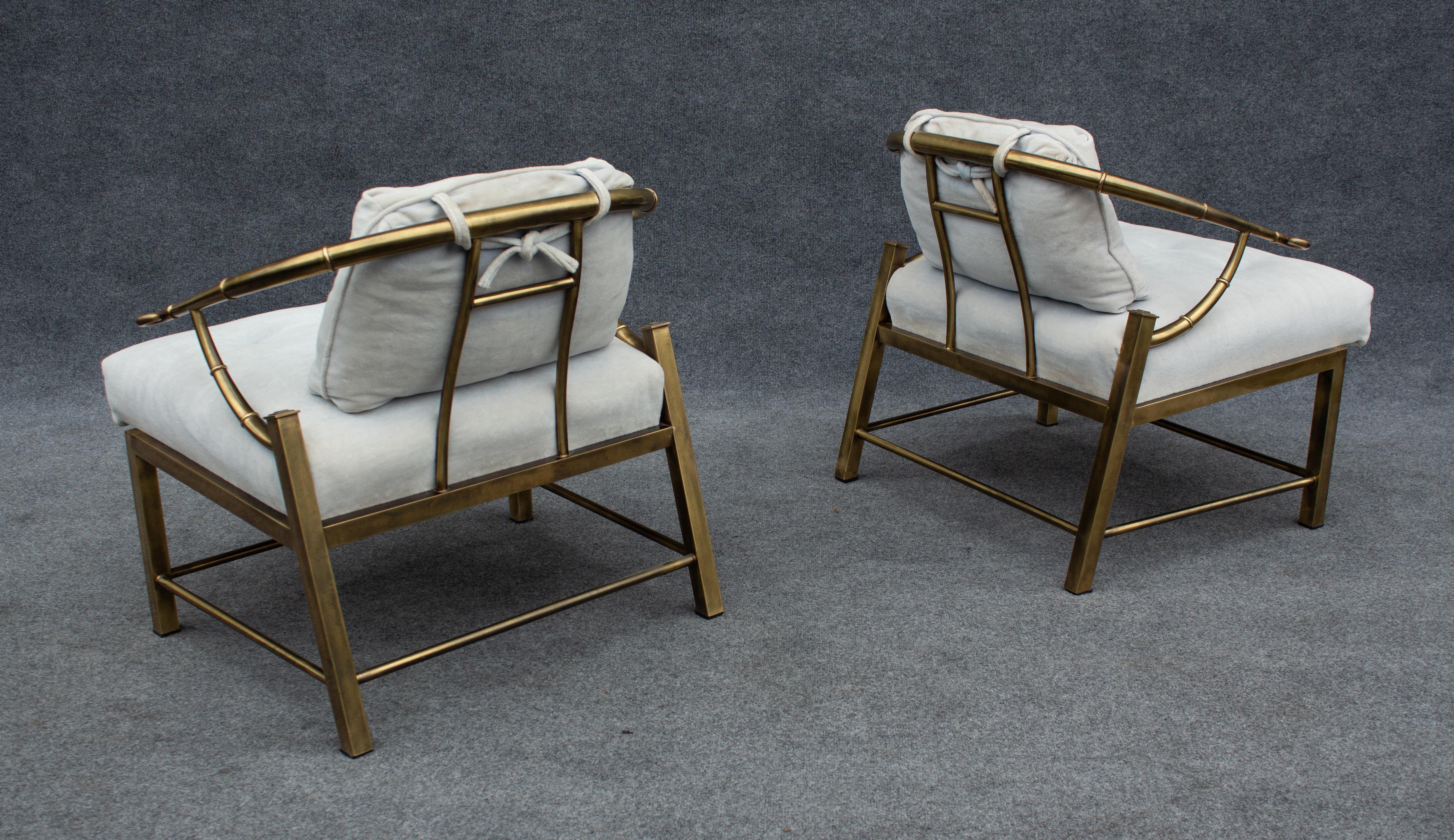 Pair of Warren Lloyd for Mastercraft Brass & White Fabric Empress Lounge Chairs For Sale 5