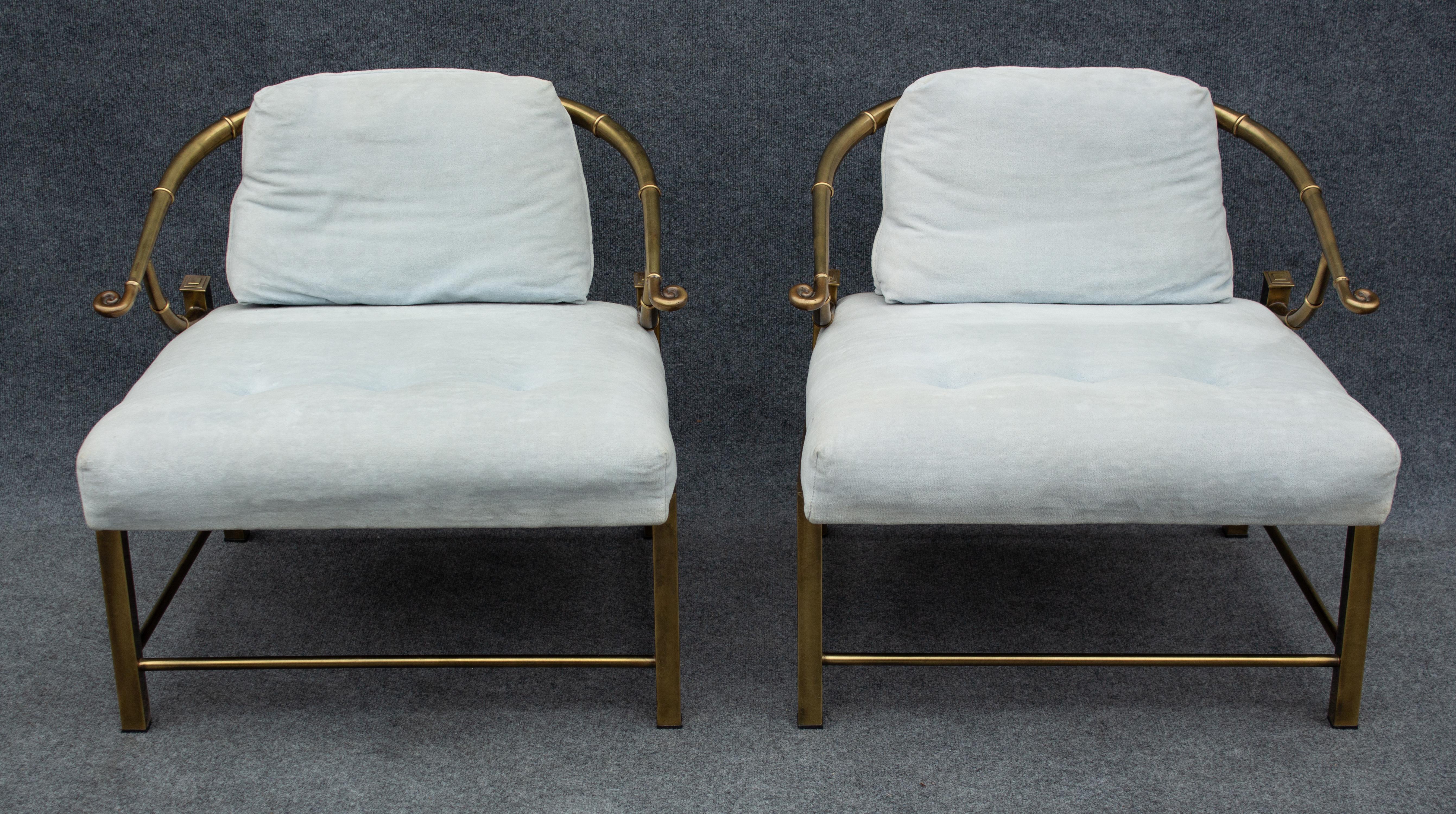 Designed by Warren Lloyd, these chairs were manufactured in Italy by Mastercraft, famous now for their extremely high construction quality and various brass piece. These chairs are constructed of brass plated steel, and feature a marriage of design