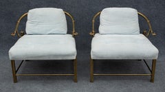 Pair of Warren Lloyd for Mastercraft Brass & White Fabric Empress Lounge Chairs