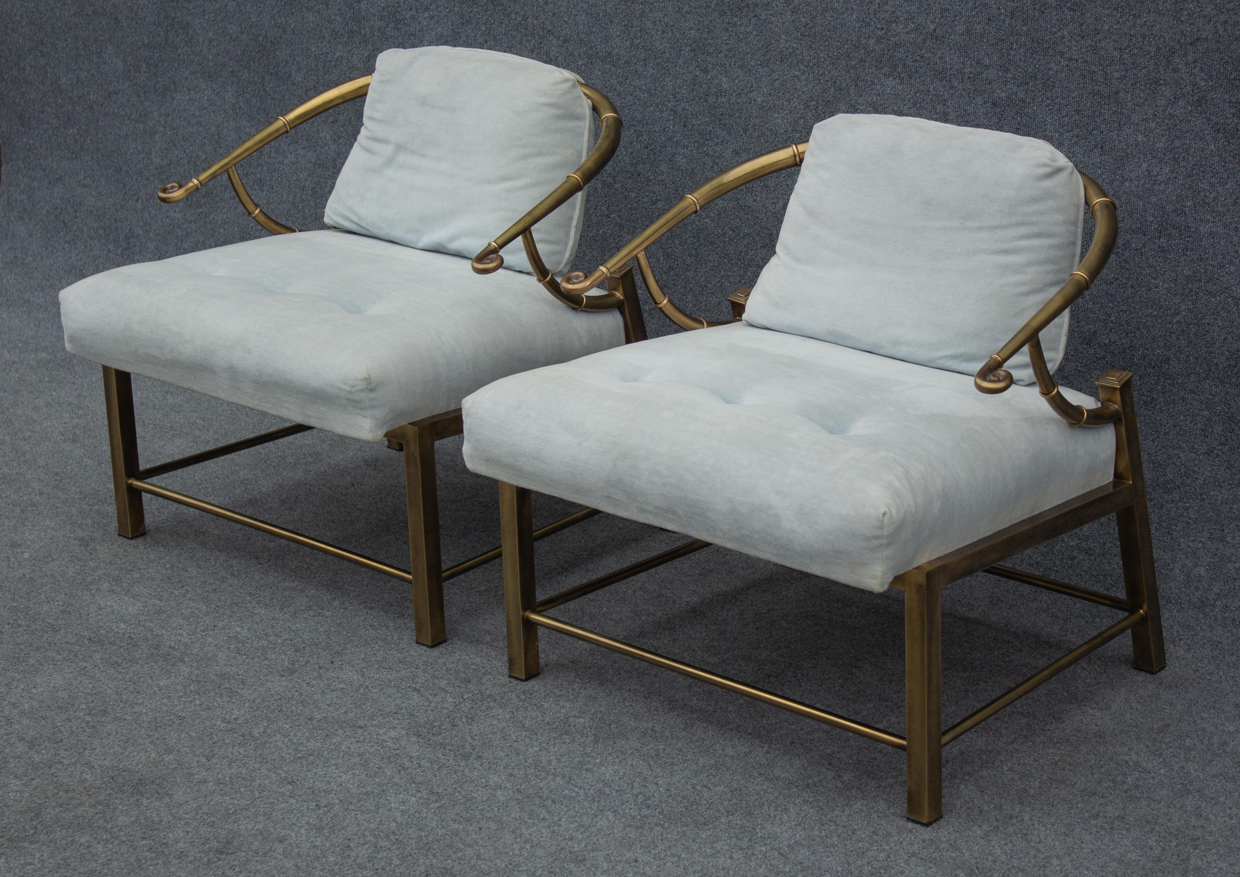 Italian Pair of Warren Lloyd for Mastercraft Brass & White Fabric Empress Lounge Chairs For Sale