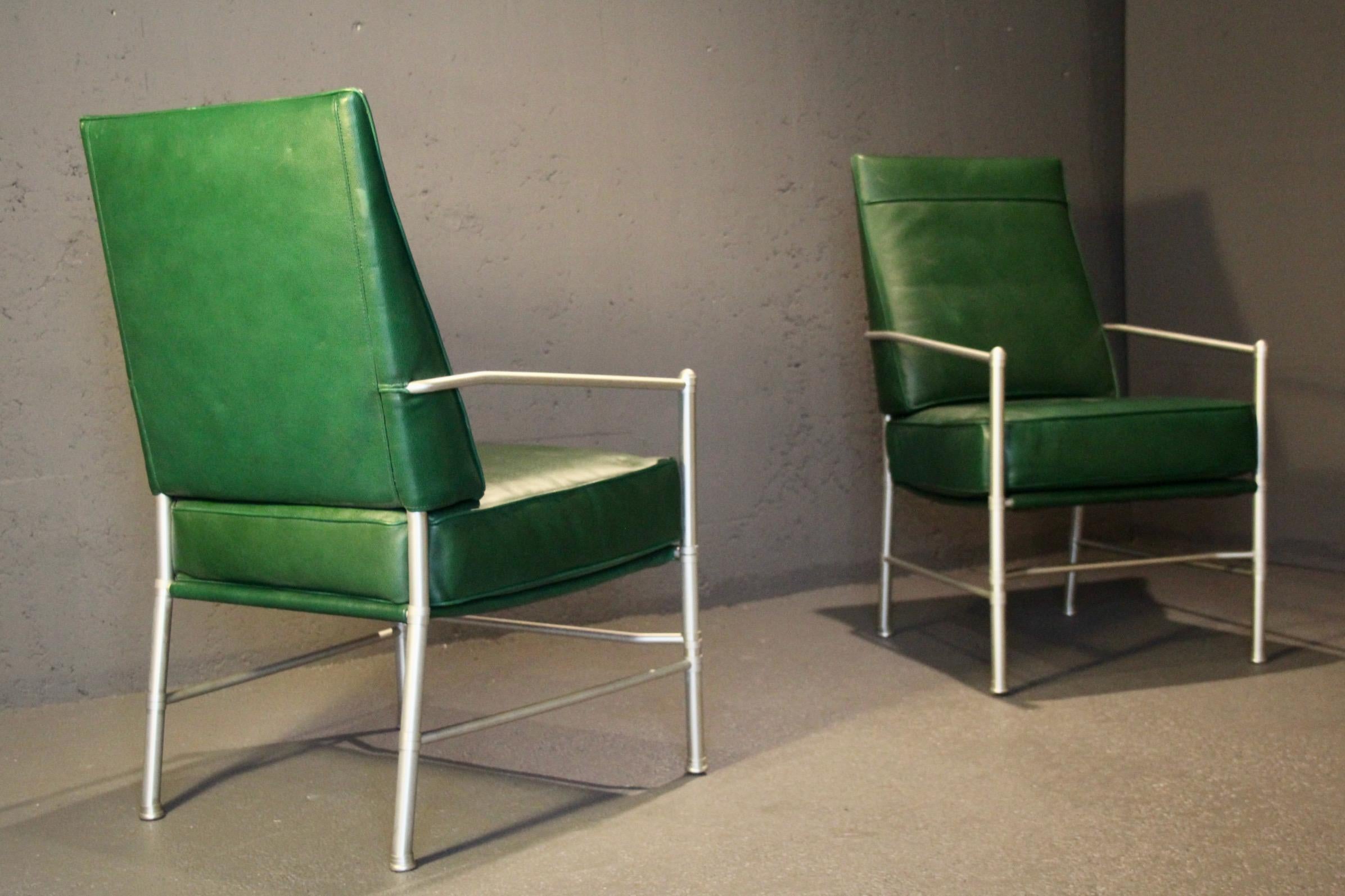 Paire de fauteuils en cuir vert et aluminium Greene & Greene en vente 2