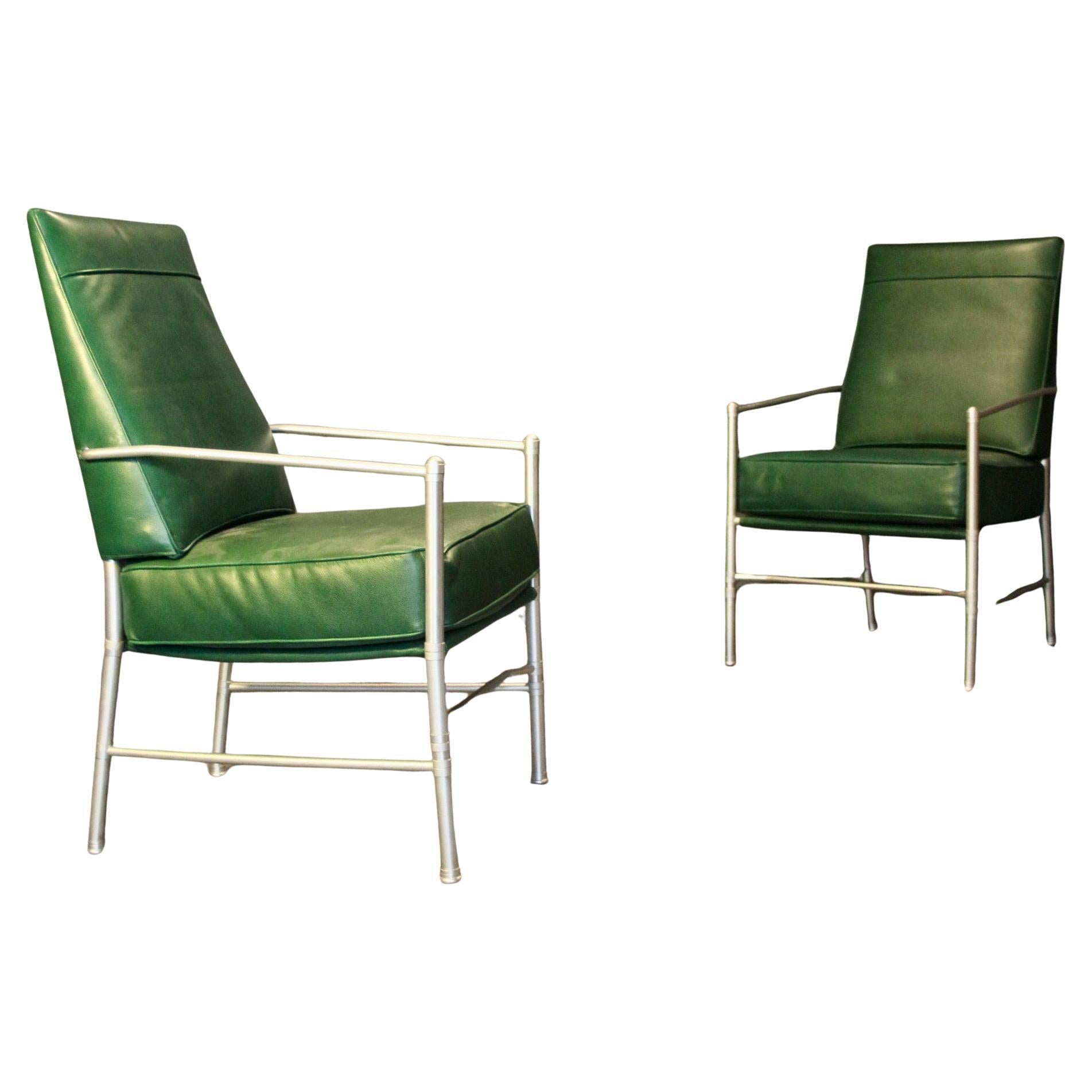 Paire de fauteuils en cuir vert et aluminium Greene & Greene en vente