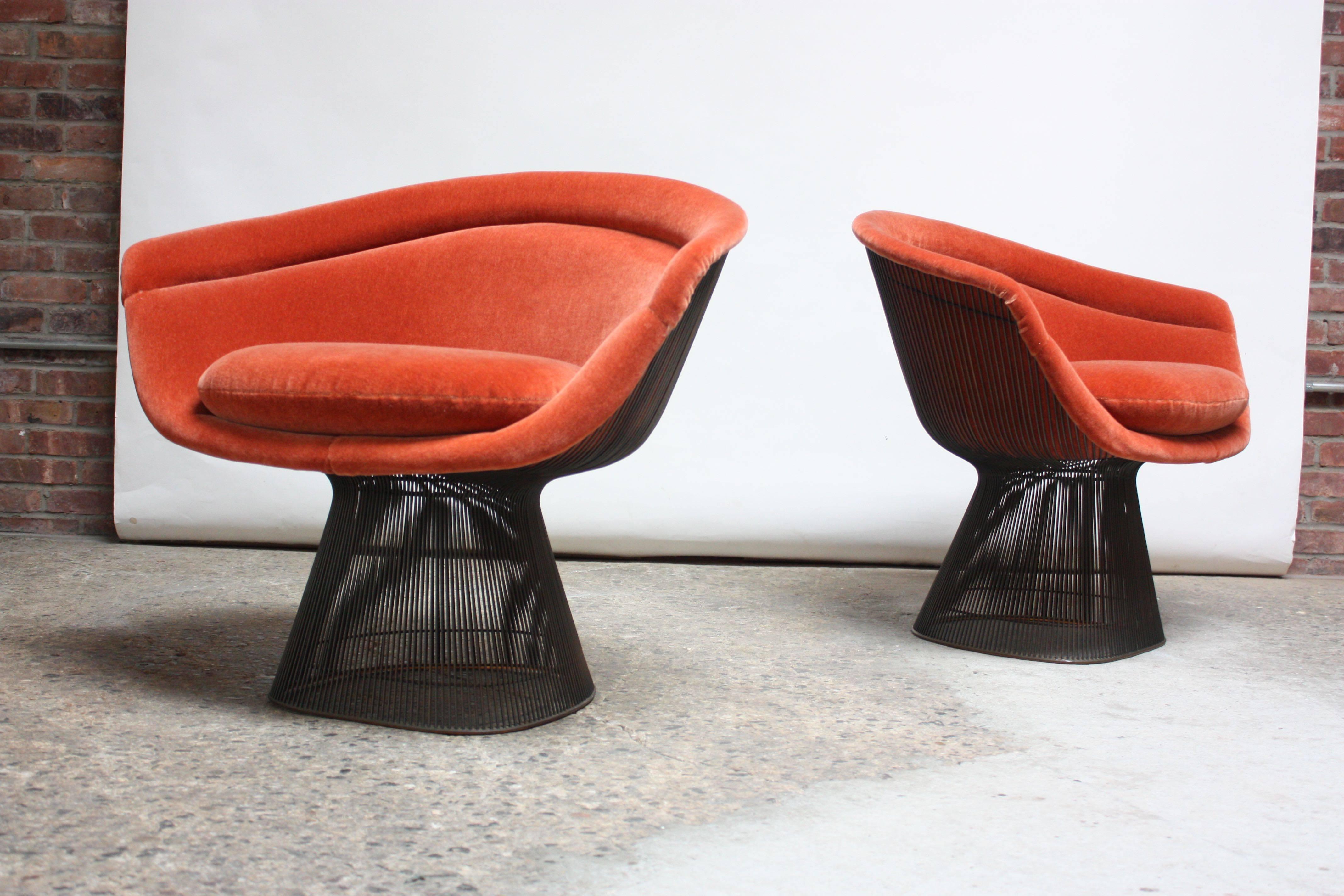 Plated Pair of Warren Platner for Knoll Bronze and Mohair Lounge Chairs with Side Table