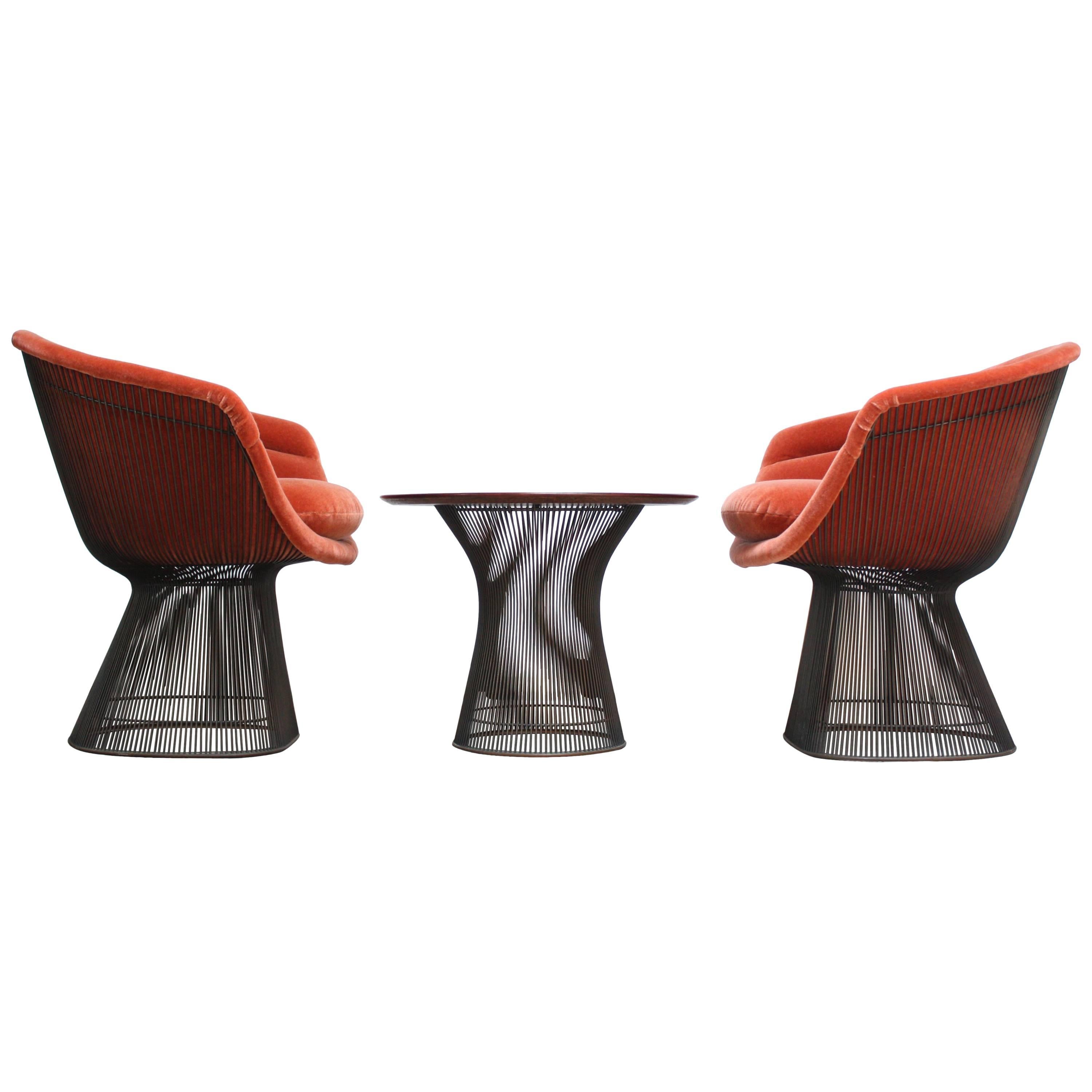 Pair of Warren Platner for Knoll Bronze and Mohair Lounge Chairs with Side Table