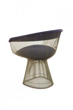 Pair of Warren Platner for Knoll Curved Steel and Blue Upholstered Armchairs