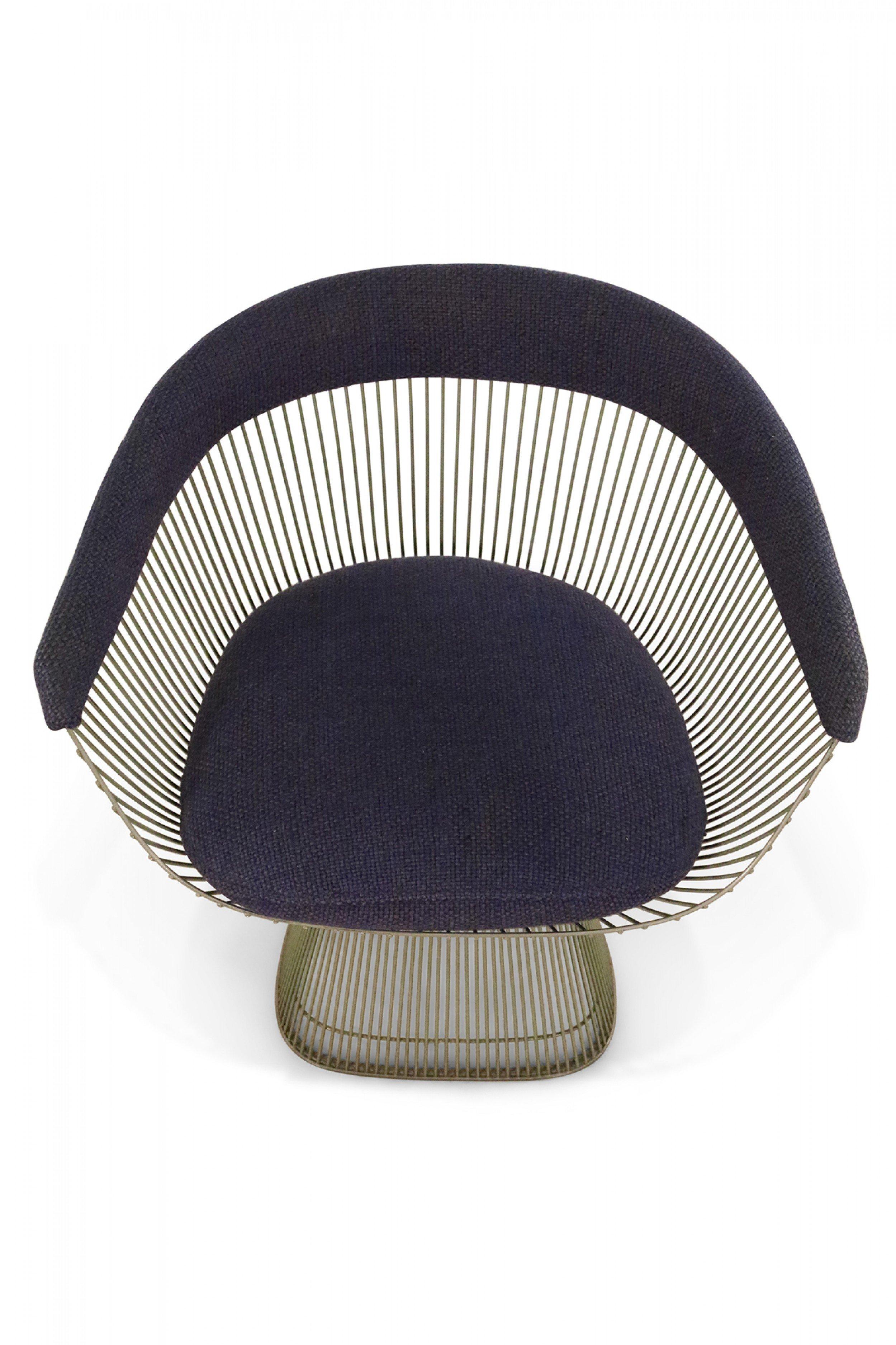 Mid-Century Modern Pair of Warren Platner for Knoll Curved Steel and Blue Upholstered Armchairs For Sale