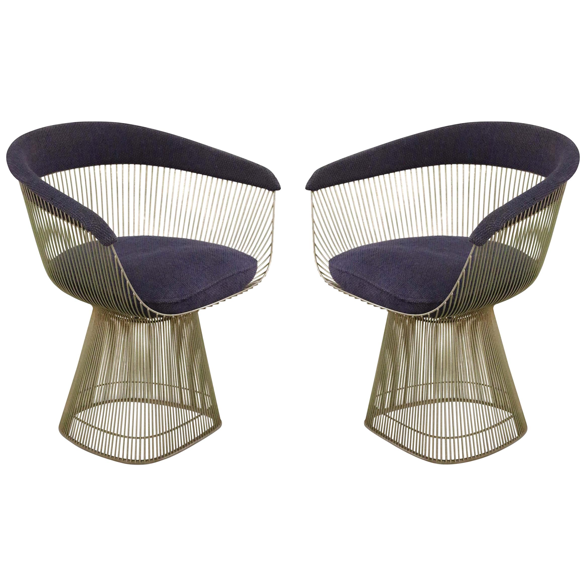 Pair of Warren Platner for Knoll Curved Steel and Blue Upholstered Armchairs