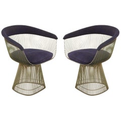 Pair of Warren Platner for Knoll Curved Steel and Blue Upholstered Armchairs