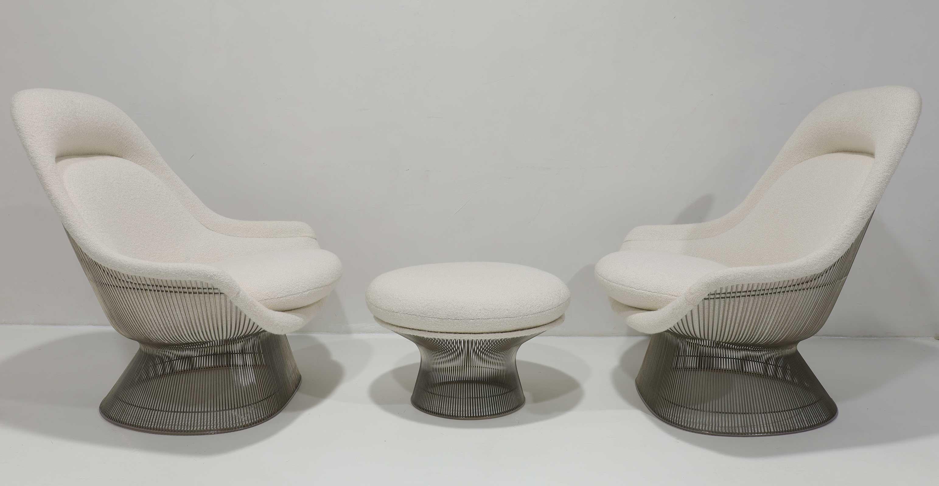 Paar Warren Platner für Knoll Easy Chairs und Ottomane in Holly Hunt Boucle' (amerikanisch) im Angebot