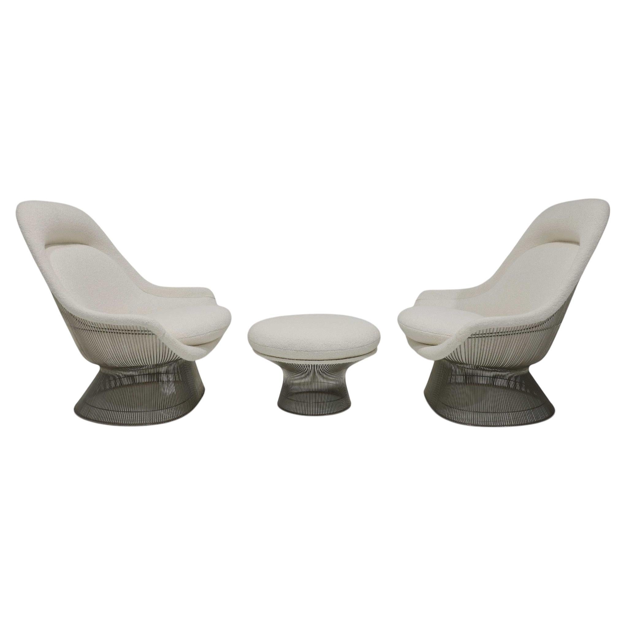 Pair of Warren Platner for Knoll Easy Chairs and Ottoman in Holly Hunt Boucle'