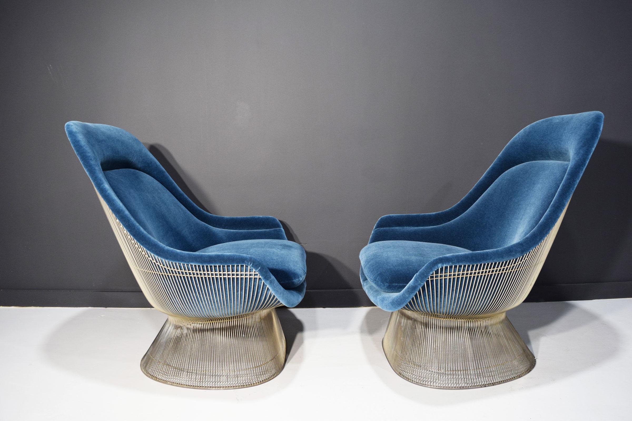 Mid-Century Modern Pair of Warren Platner for Knoll Easy Chairs in Blue Mohair For Sale