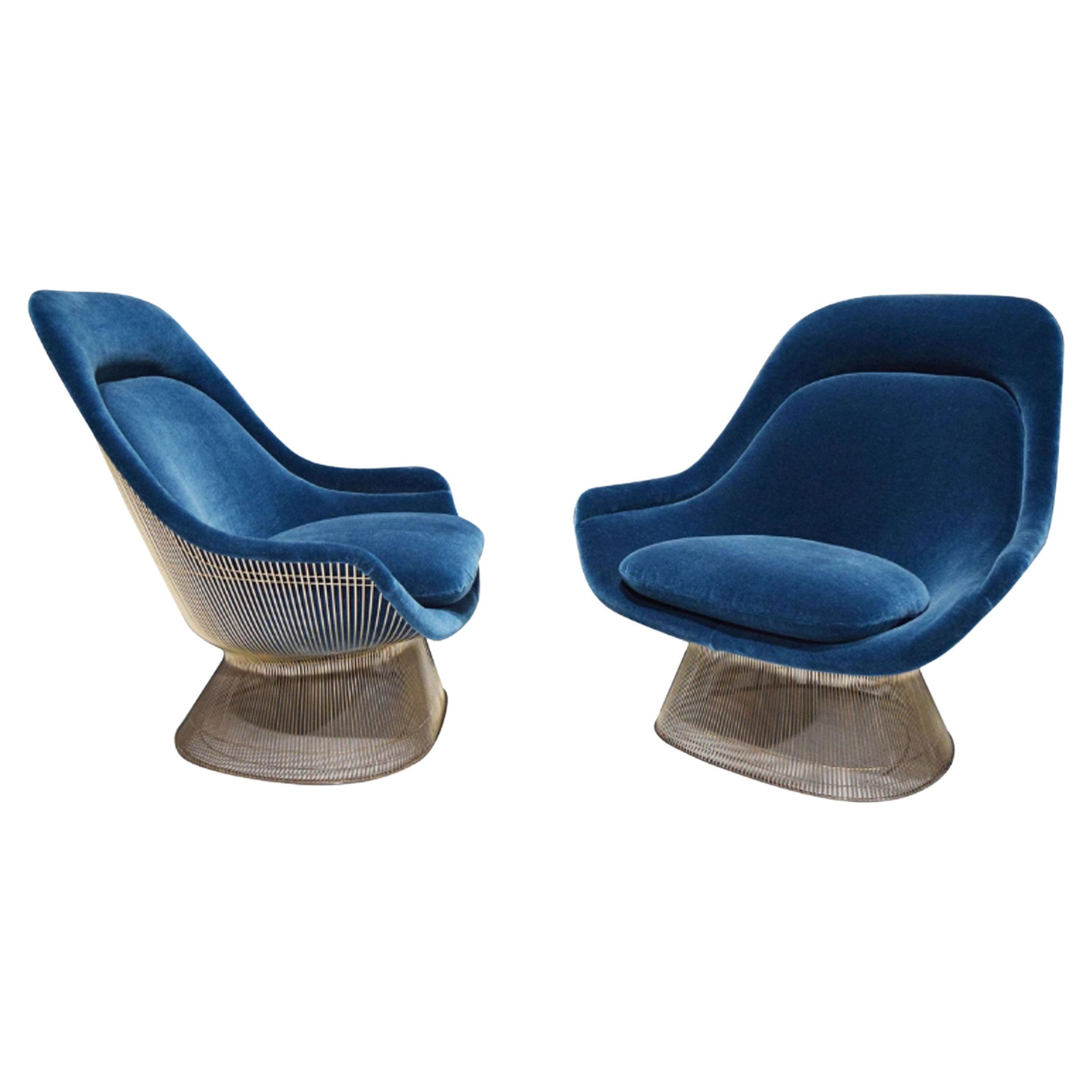 Pair of Warren Platner for Knoll Easy Chairs in Blue Mohair For Sale