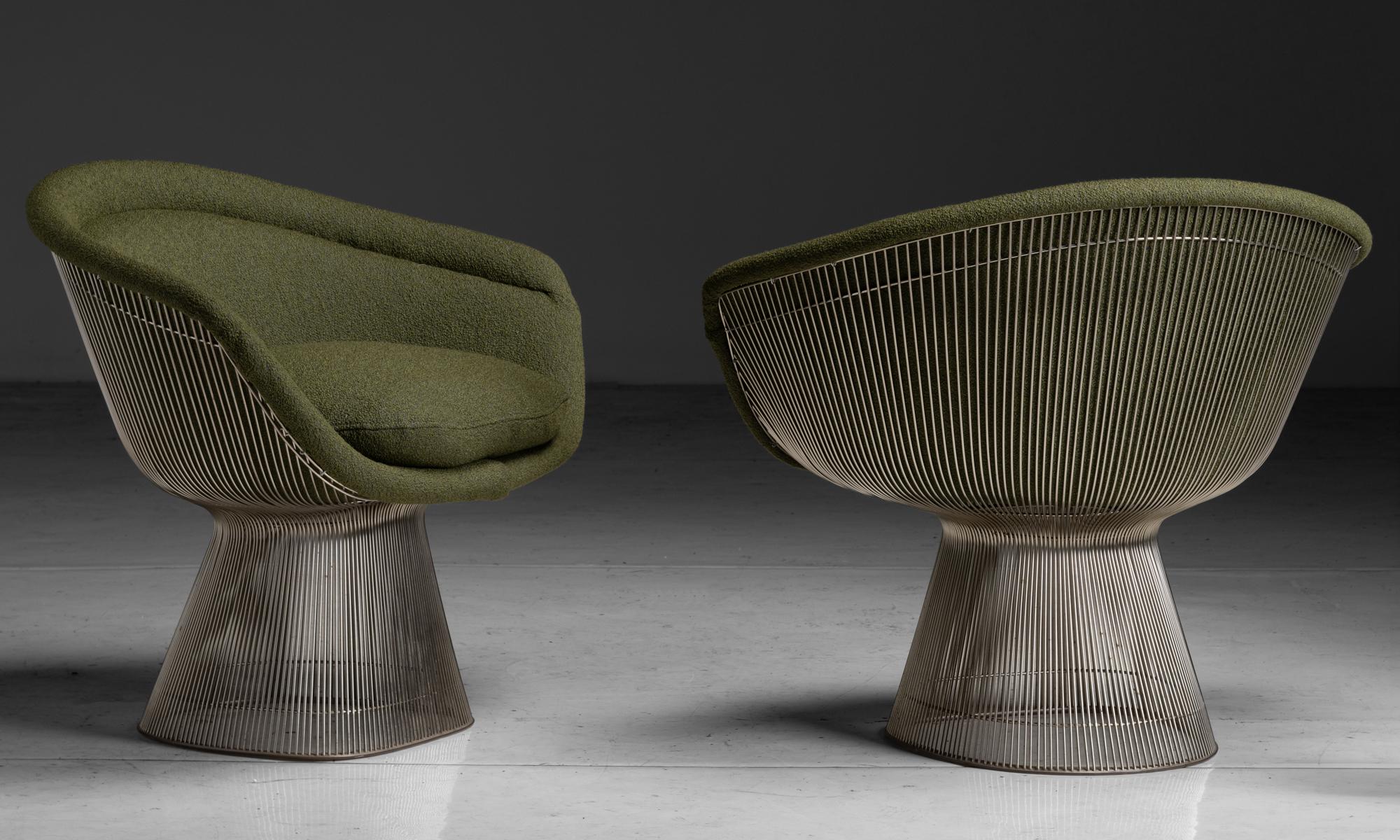 America, 1970
Designed by Warren Platner for Knoll, chrome base, newly upholstered in wool blend by Maharam.
37”w x 26”d x 30”h x 19”seat
Ref. MOD1088
$ 7,200 pair