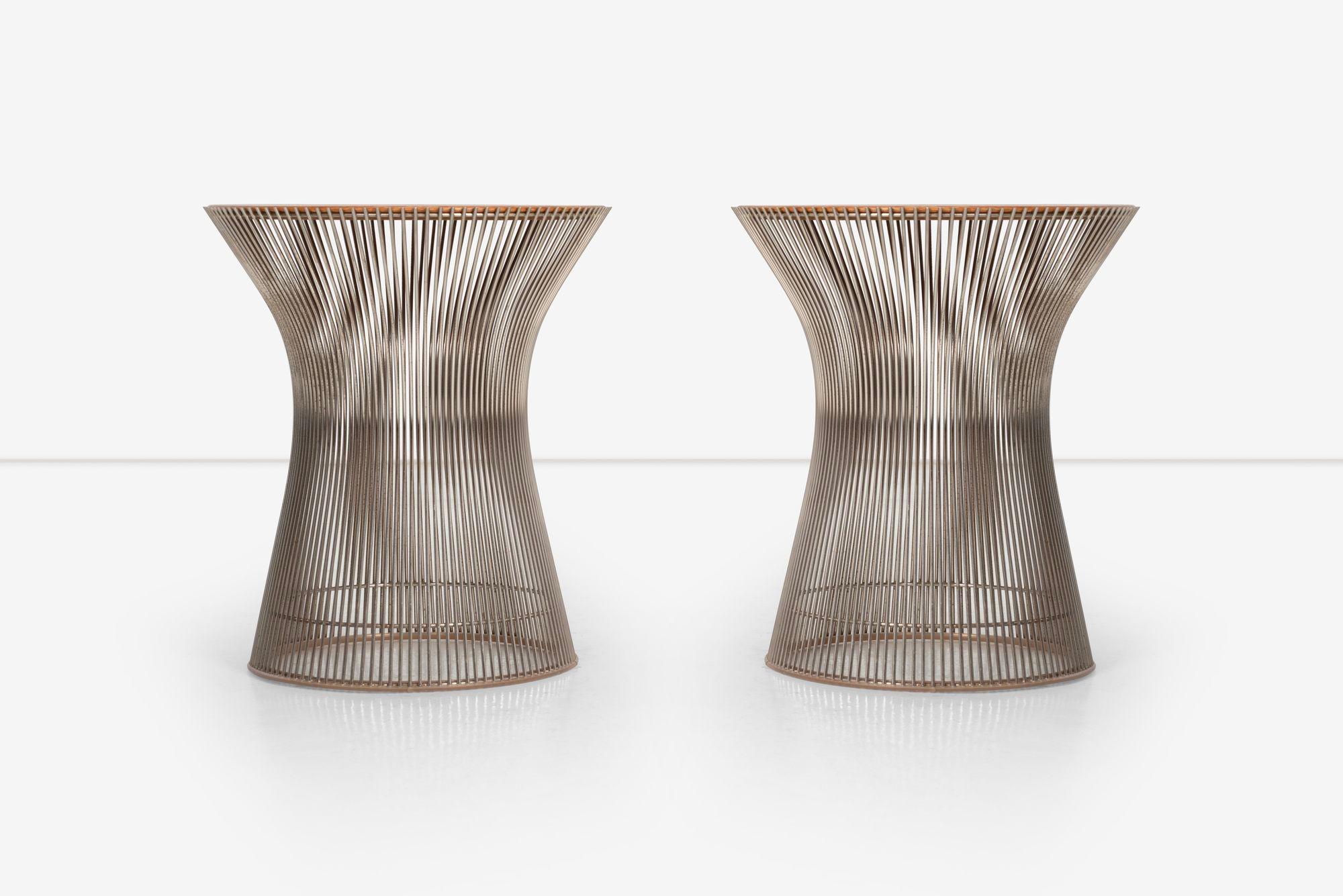 Pair of Warren Platner Side Tables, welded curved nickel plated steel rods to circular frames, simultaneously serving as structure and ornament with inset oak tops.