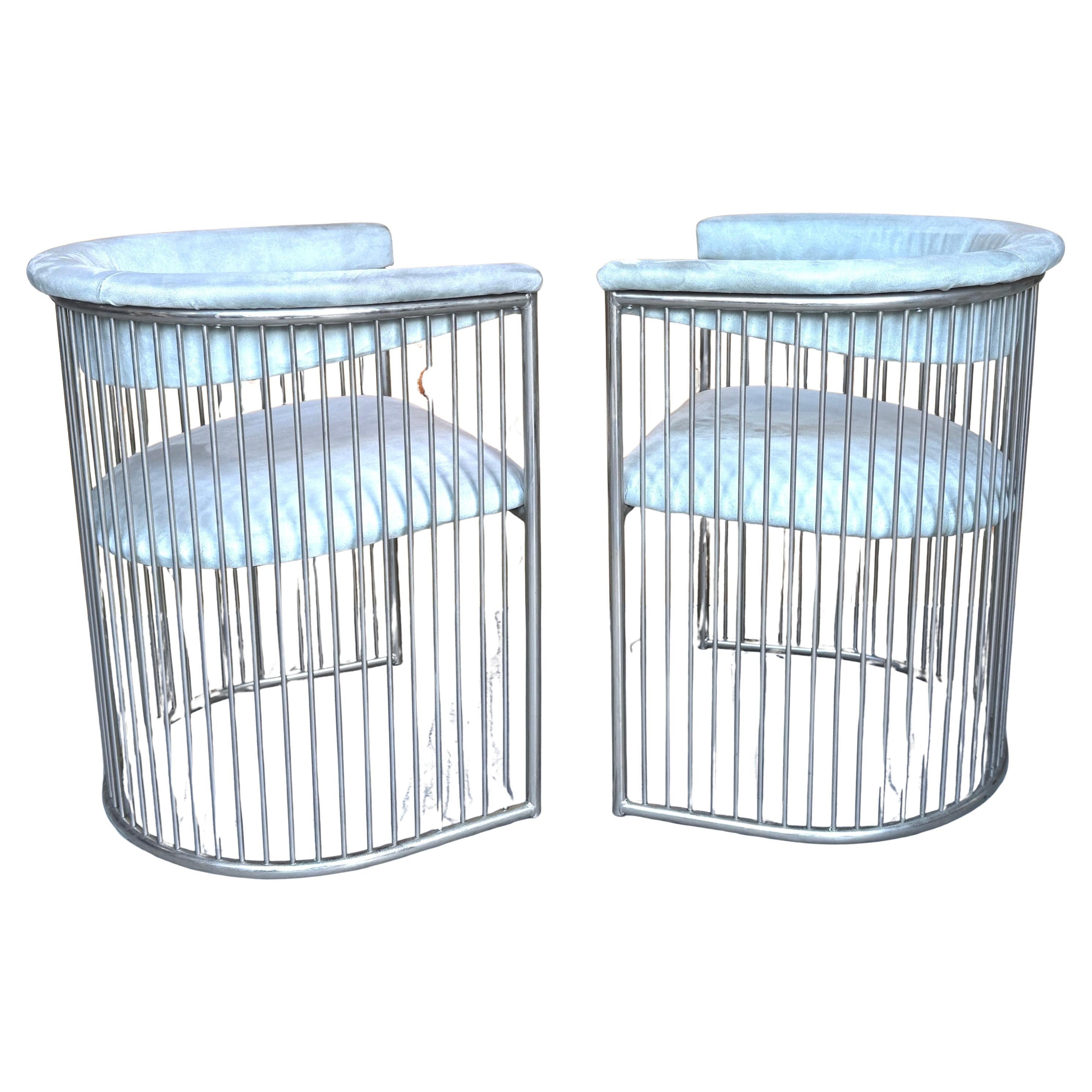 Coppia di sedie con schienale a botte in acciaio in stile Warren Platner, C.C. anni '80 in vendita