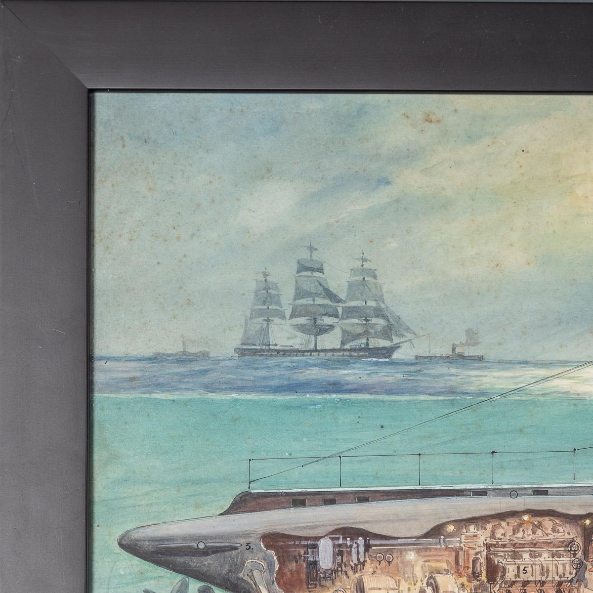 Paire de peintures de navires de guerre de Charles De Lacy, britanniques, 1856-1929 en vente 7
