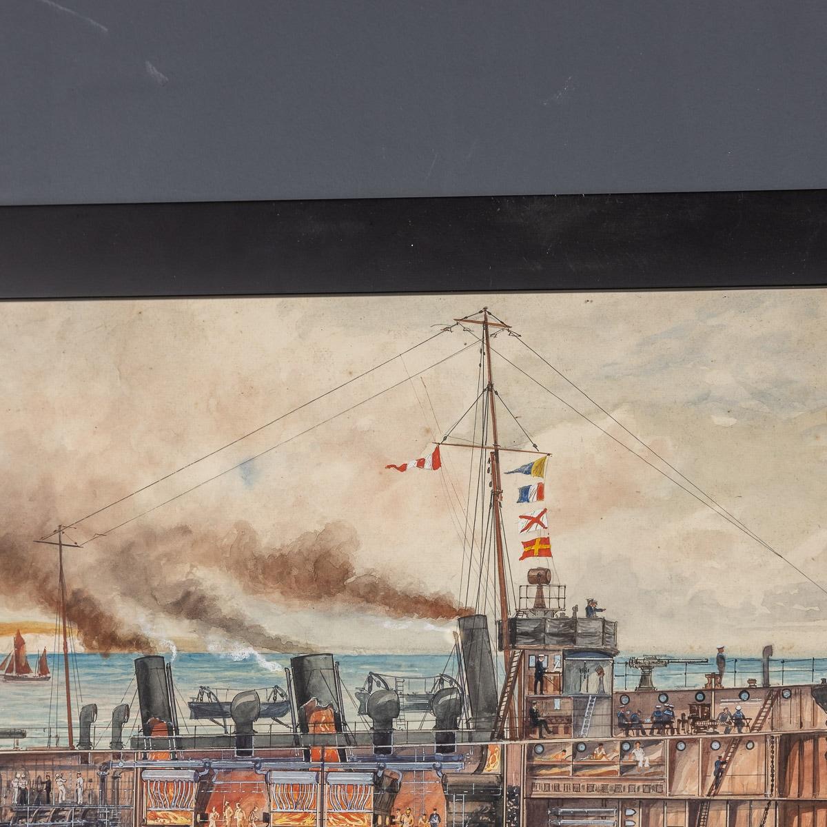 Paar Kriegsschiffsgemälde von Charles De Lacy, Brite, 1856-1929 (Farbe) im Angebot