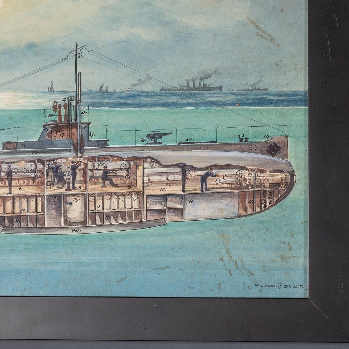 Paire de peintures de navires de guerre de Charles De Lacy, britanniques, 1856-1929 en vente 3