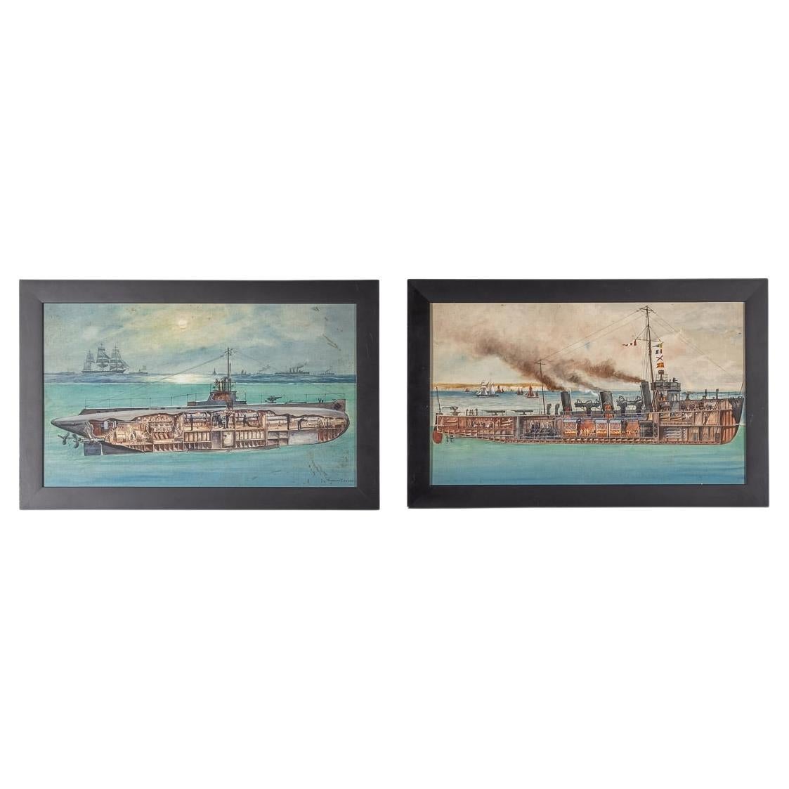 Paar Kriegsschiffsgemälde von Charles De Lacy, Brite, 1856-1929 im Angebot
