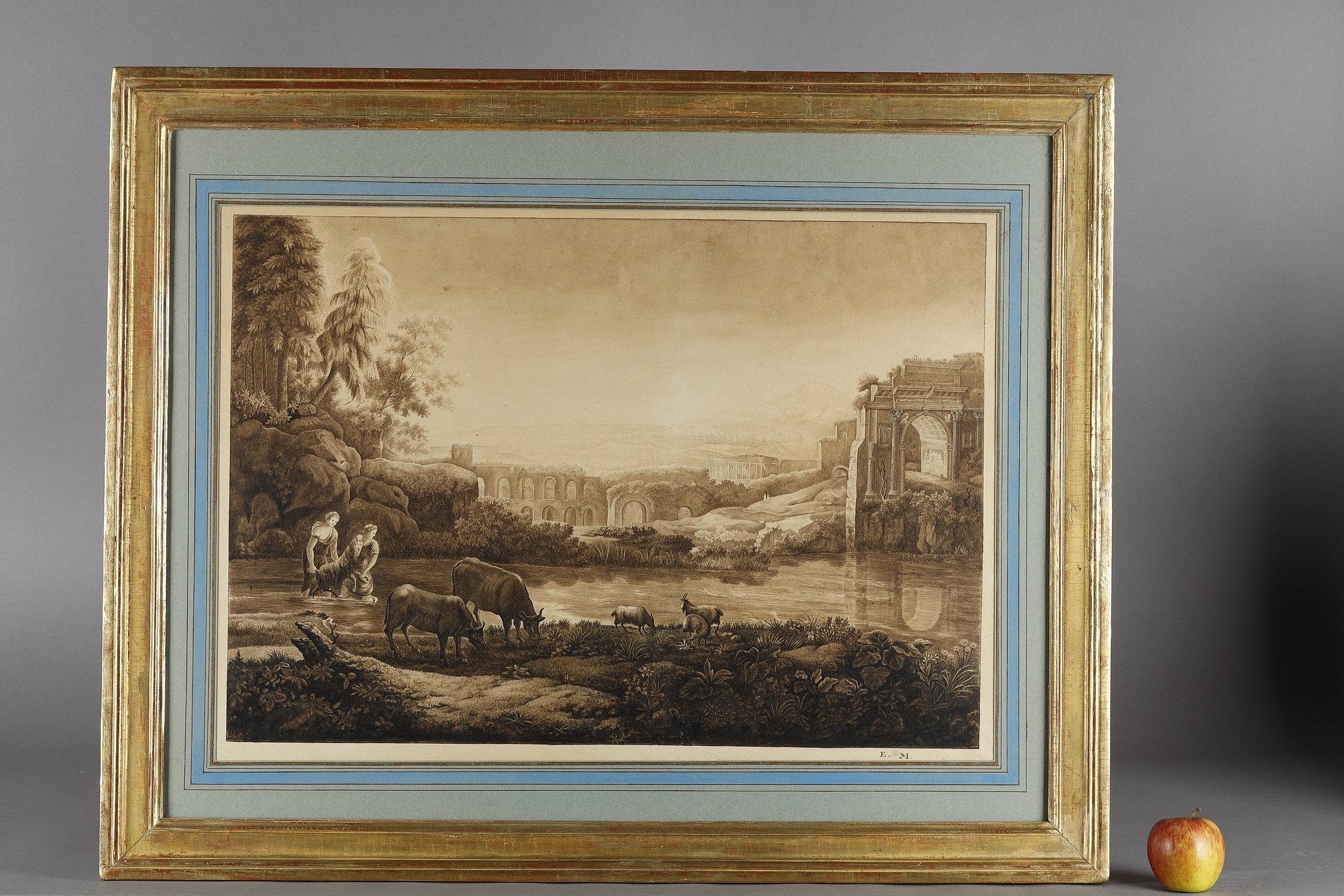 The first drawing depicts a landscape with Apollo dozing and Mercury stealing his bow and his flock. This foreground scene is set against an antique landscape with a temple on the right and a castle in the distance. This mythological scene is based