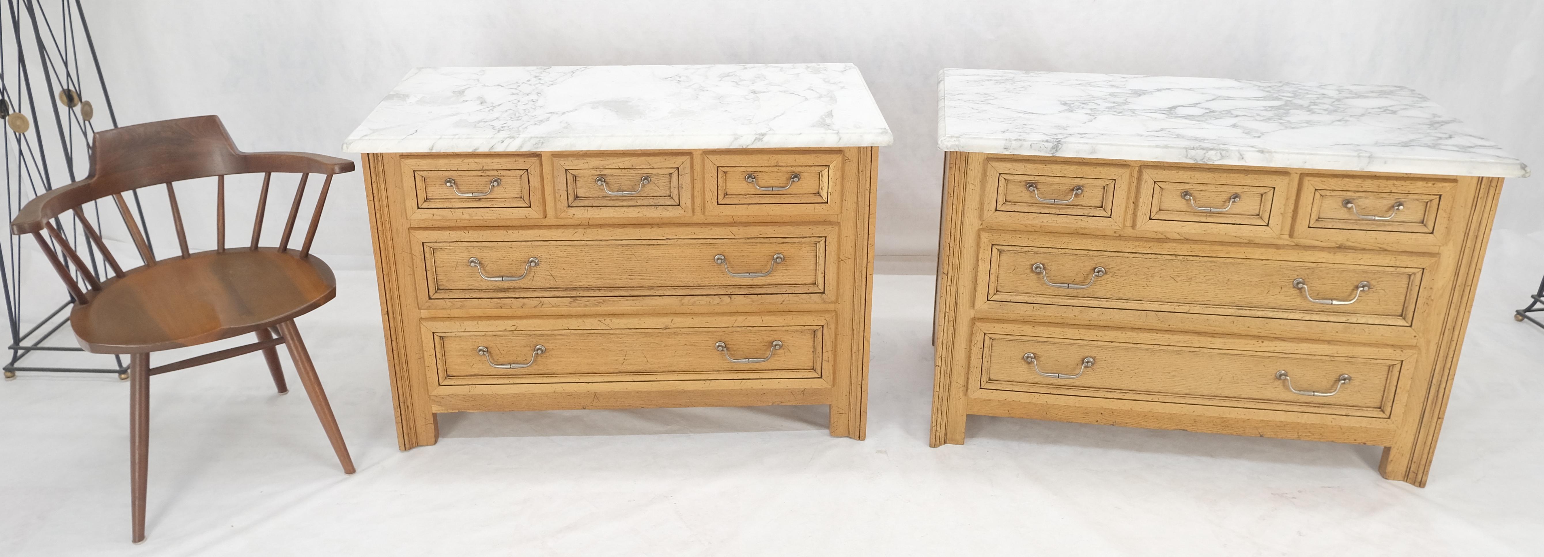 Pair of Washed Oak White Marble Tops 5 Drawers Bachelor Chests Dressers MINT! For Sale 4