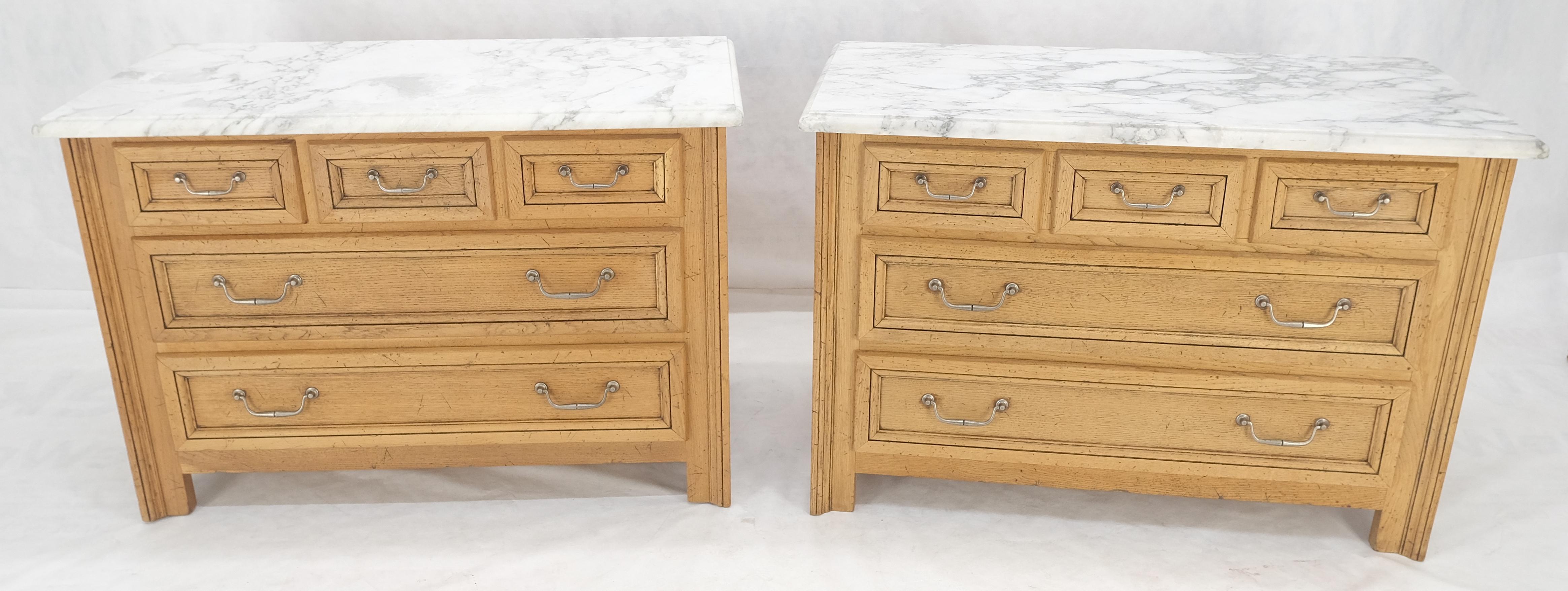 Mid-Century Modern Pair of Washed Oak White Marble Tops 5 Drawers Bachelor Chests Dressers MINT! For Sale