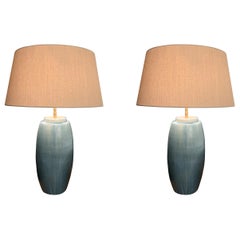 Pair of Washed Turquoise Cylinder Shaped Table Lamps, China, Contemporary