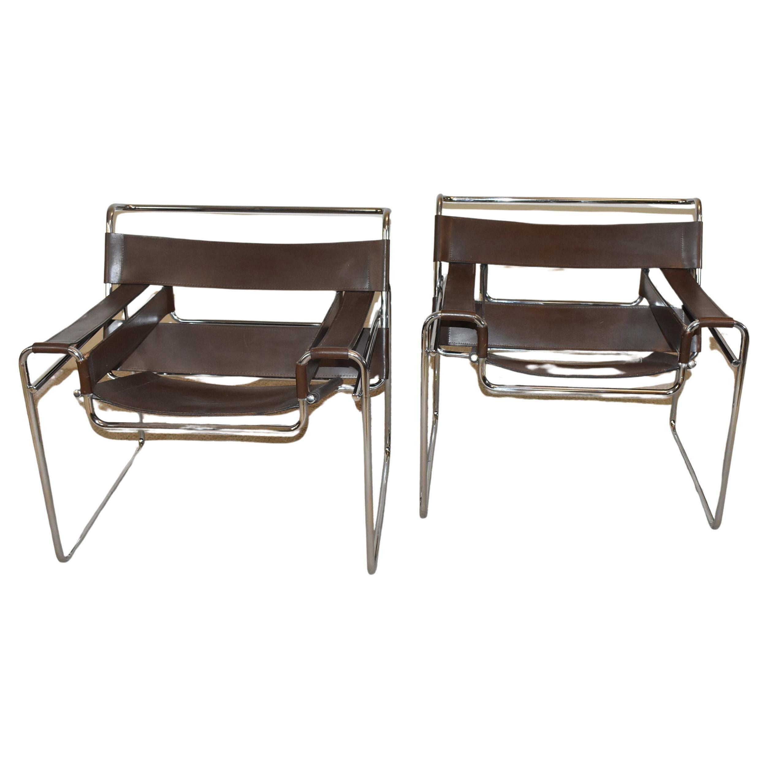Pair of Wassily Chairs by Knoll in Brown Leather and Chrome For Sale