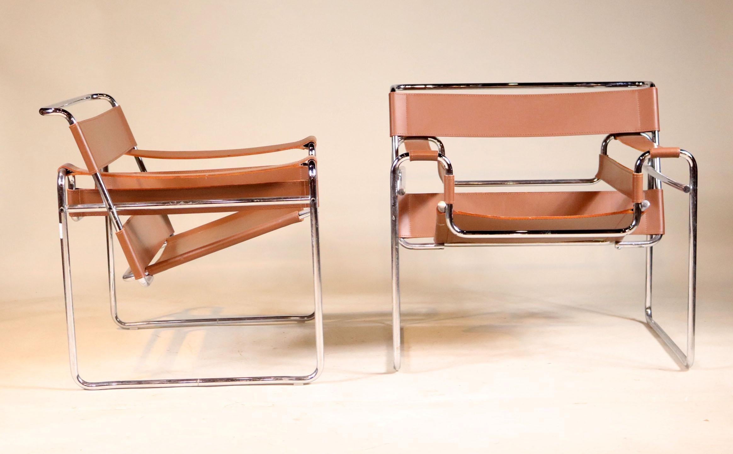 Pair of brown leather and chrome Wassily chairs by Marcel Breuer for Knoll.