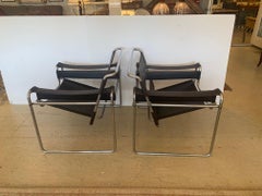 Pair of Wassily Leather Strap and Chrome Club Chairs in Style of Marcel Breuer
