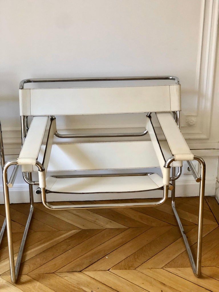 Pair Of Wassily Lounge Chair White Leather By Marcel Breuer Gavina Circa 1962 For Sale At 1stdibs