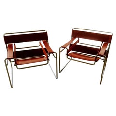 Pair of Wassily Orange Leather Armchairs Tubular Chrome Marcel Breuer for Knoll