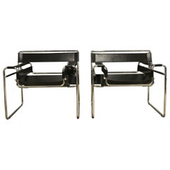 Pair of Wassily Style Leather Chrome Armchairs 1980's Modern Contemporary