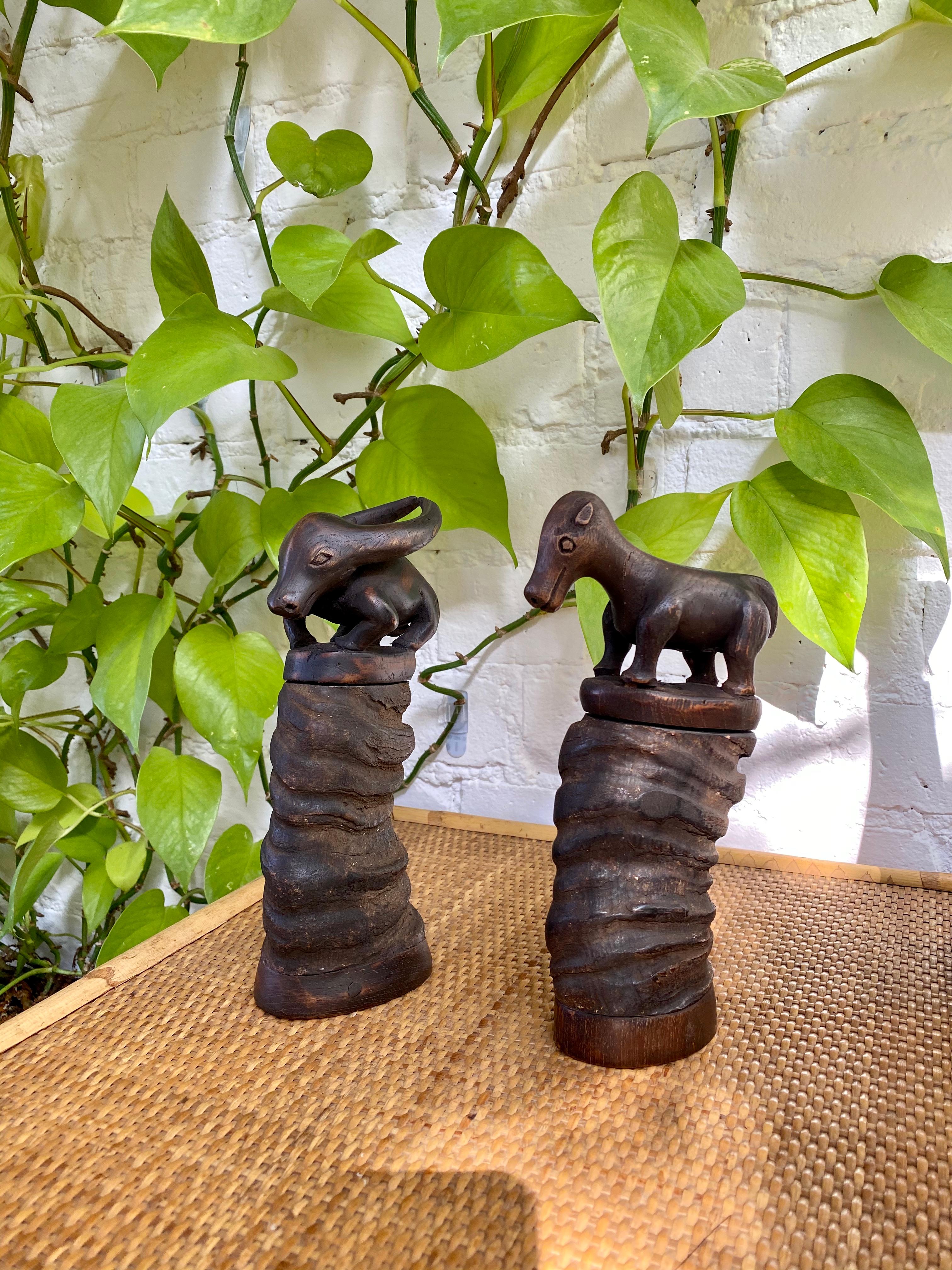 Pair of water buffalo horn and carved wood lime powder holders for betel nut from Timor Island (circa 1970s). One is topped by a carved water buffalo and the other, a dog. The first animals domesticated by the Indonesians were dogs, pigs, chickens