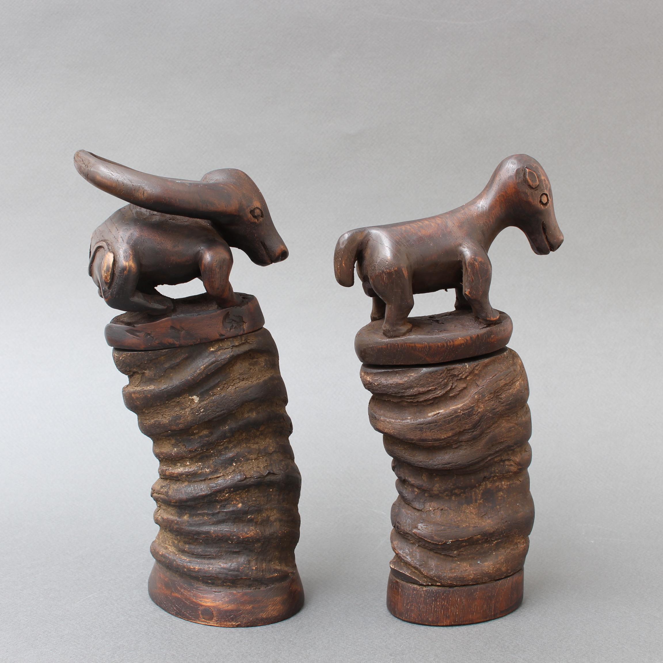Late 20th Century Pair of Water Buffalo Horn and Wood Lime Powder Holders for Betel Nut from Timor For Sale