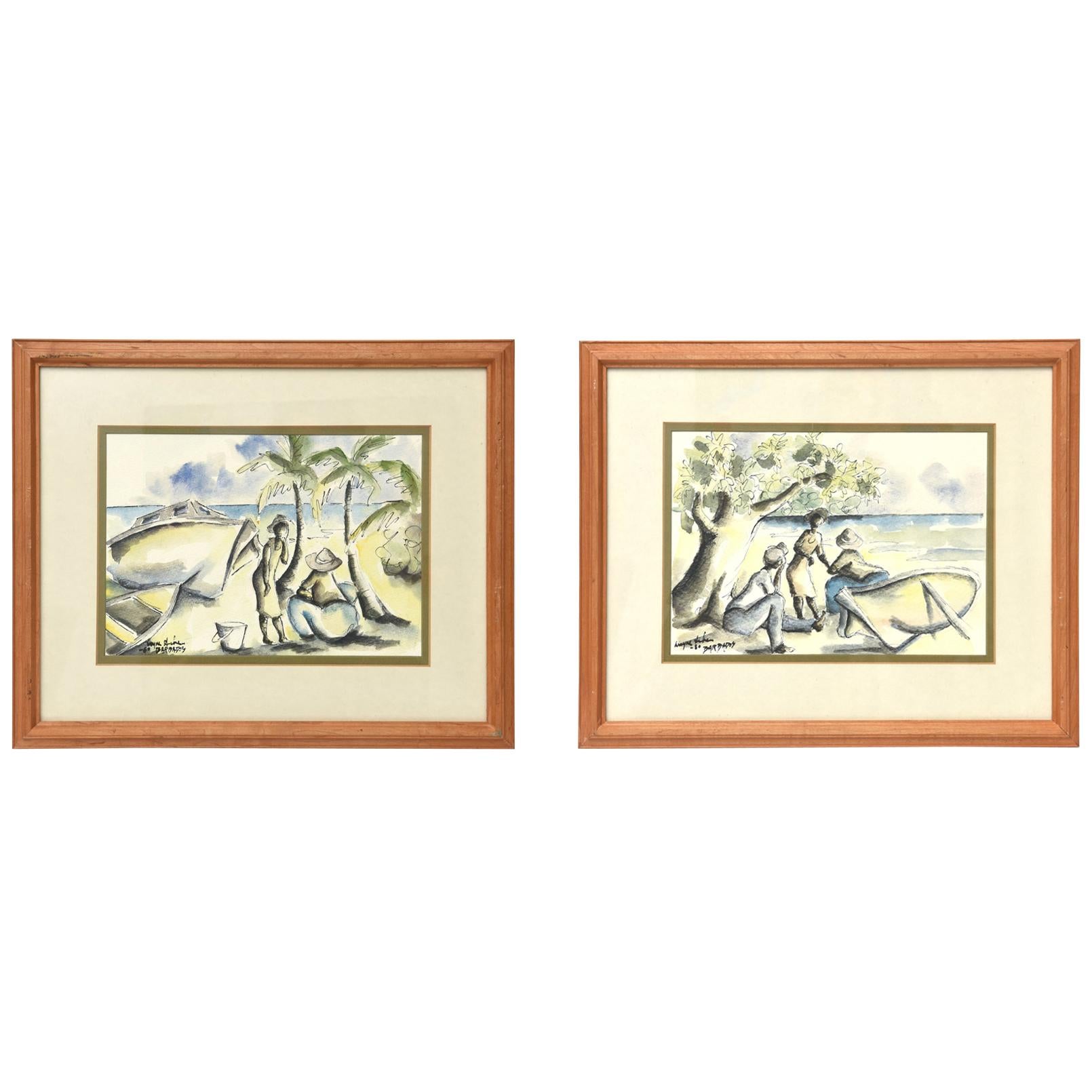 Pair of Watercolor and Ink Seaside Tropical Landscape Drawings Signed