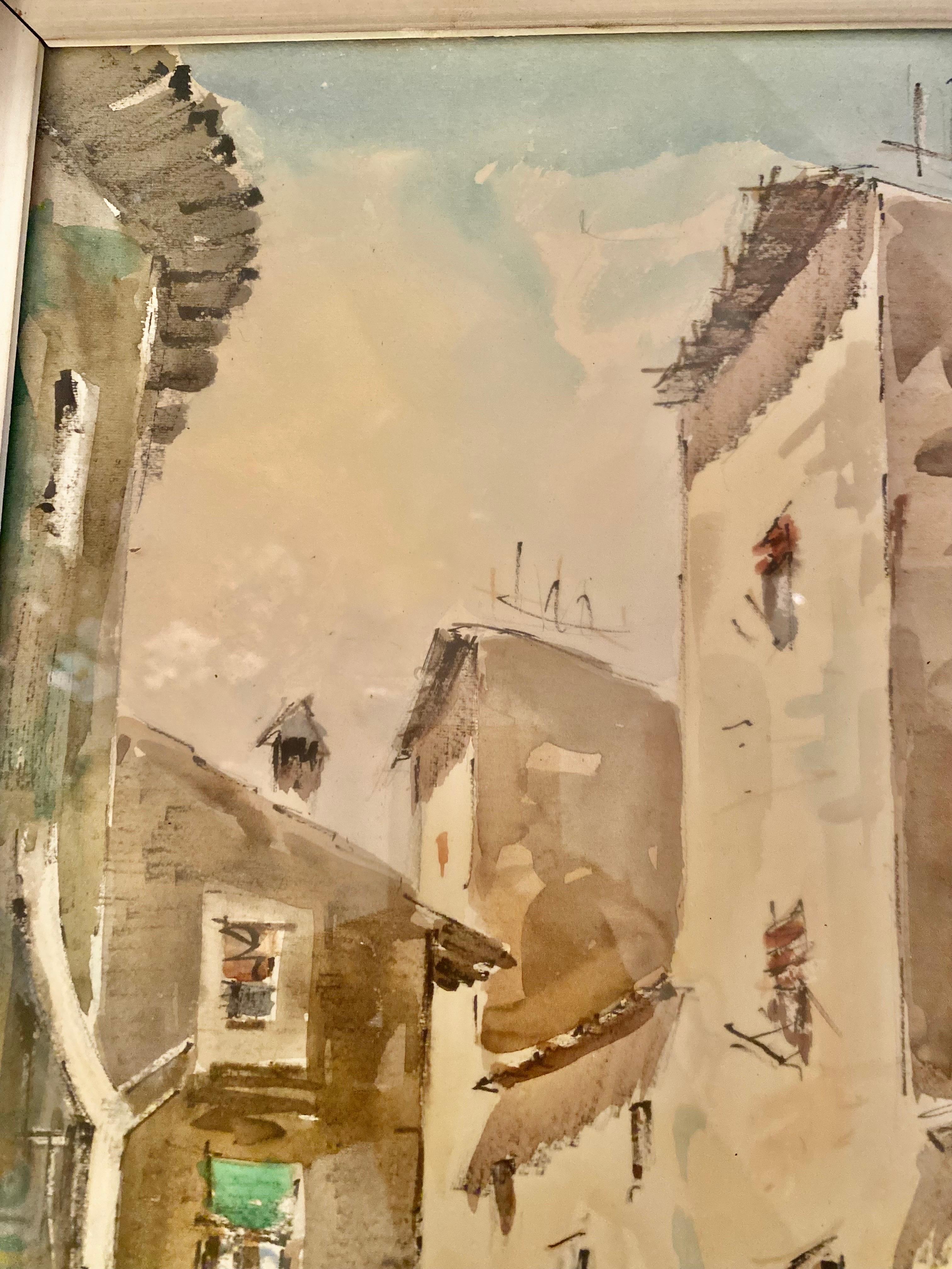 Mid-20th Century Watercolor Drawing Baléares Village 1960, Sign For Sale