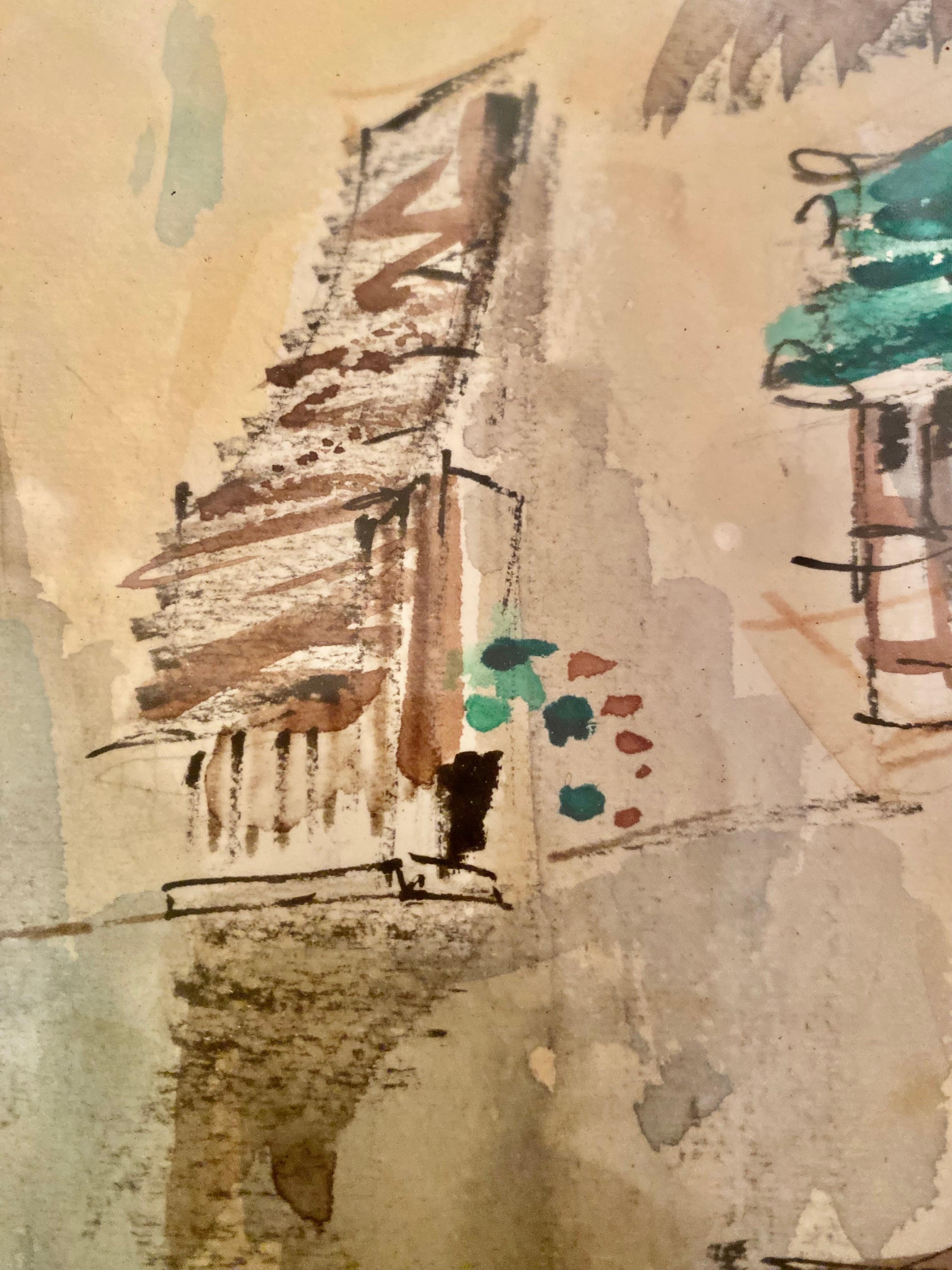 Wood Watercolor Drawing Baléares Village 1960, Sign For Sale