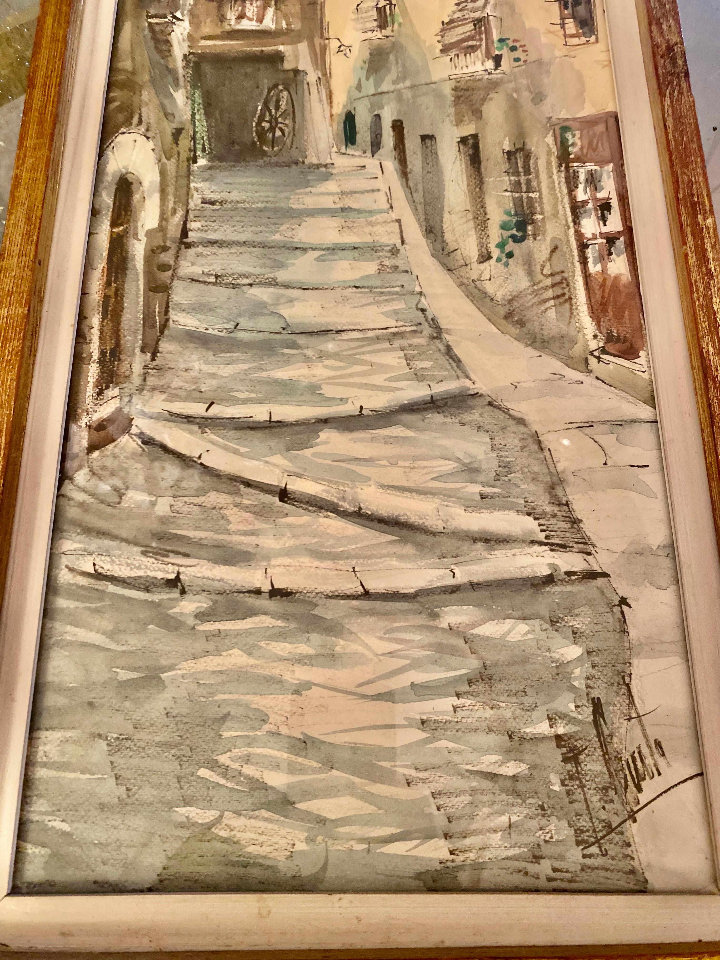 Watercolor Drawing Baléares Village 1960, Sign For Sale 1