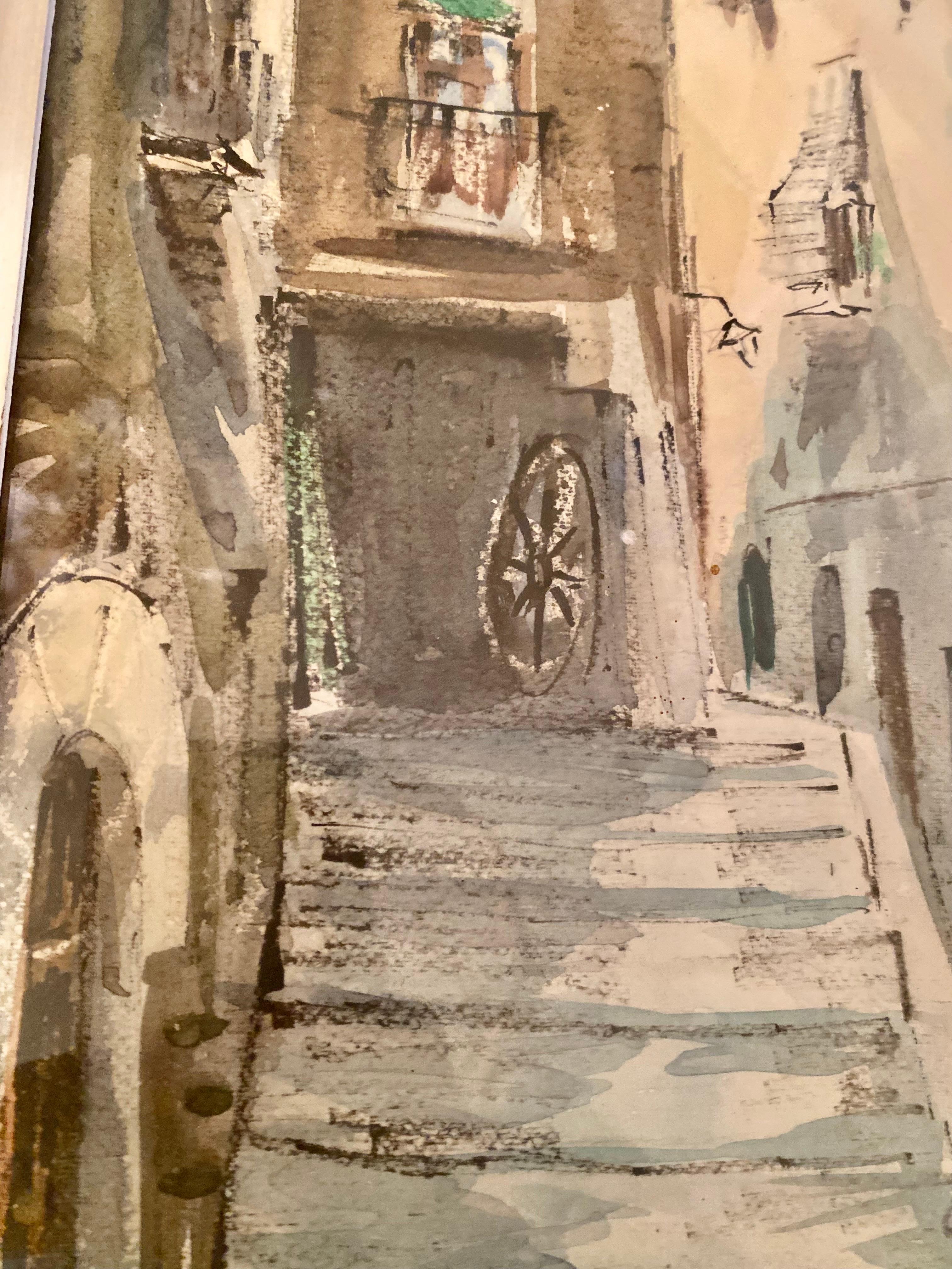 Watercolor Drawing Baléares Village 1960, Sign For Sale 2